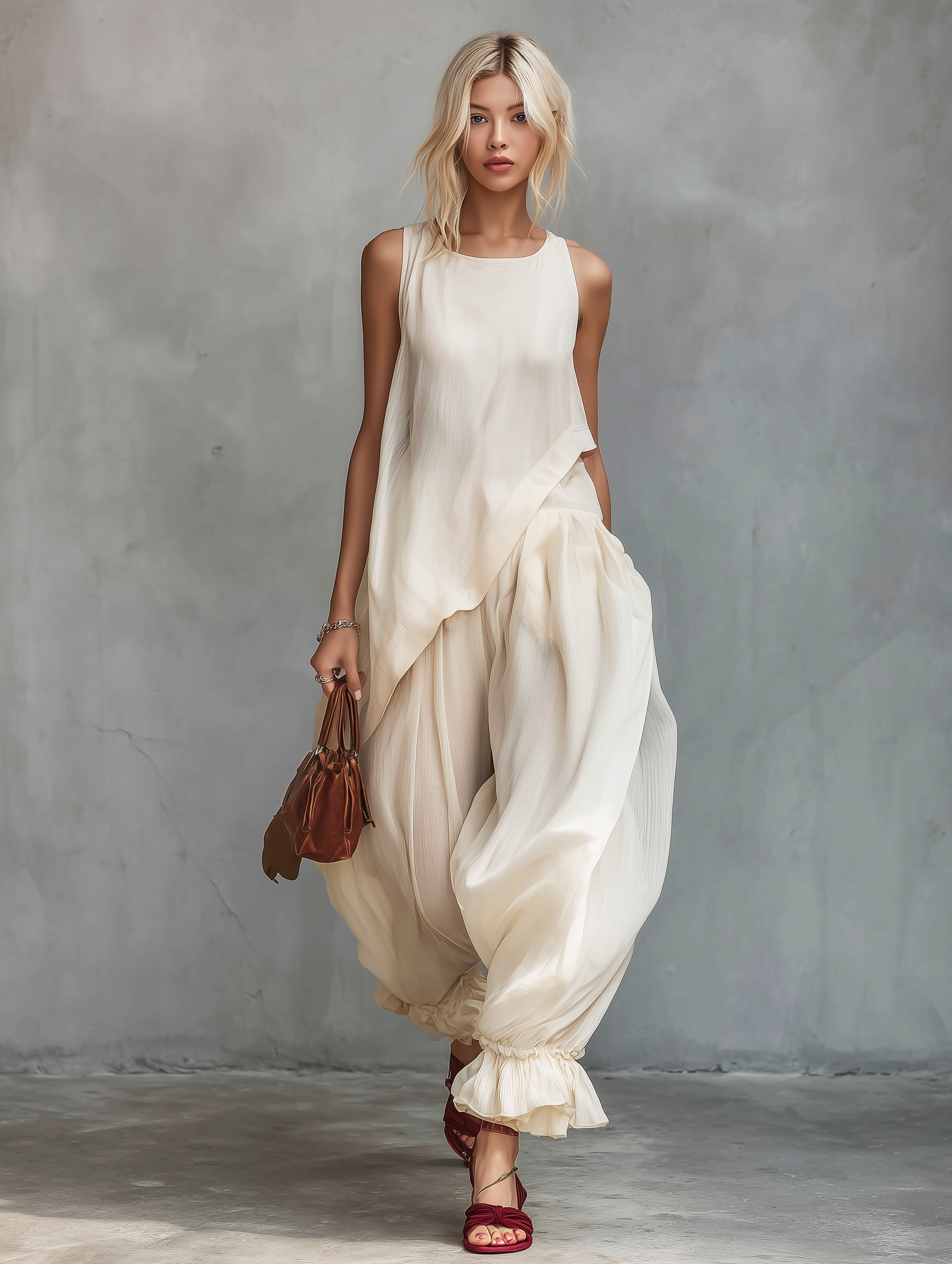 Women's Casual Off-White Chiffon Sleeveless Top With Round Neckline, Paired With Loose-Fitting Trousers MDZ0340F8LXY
