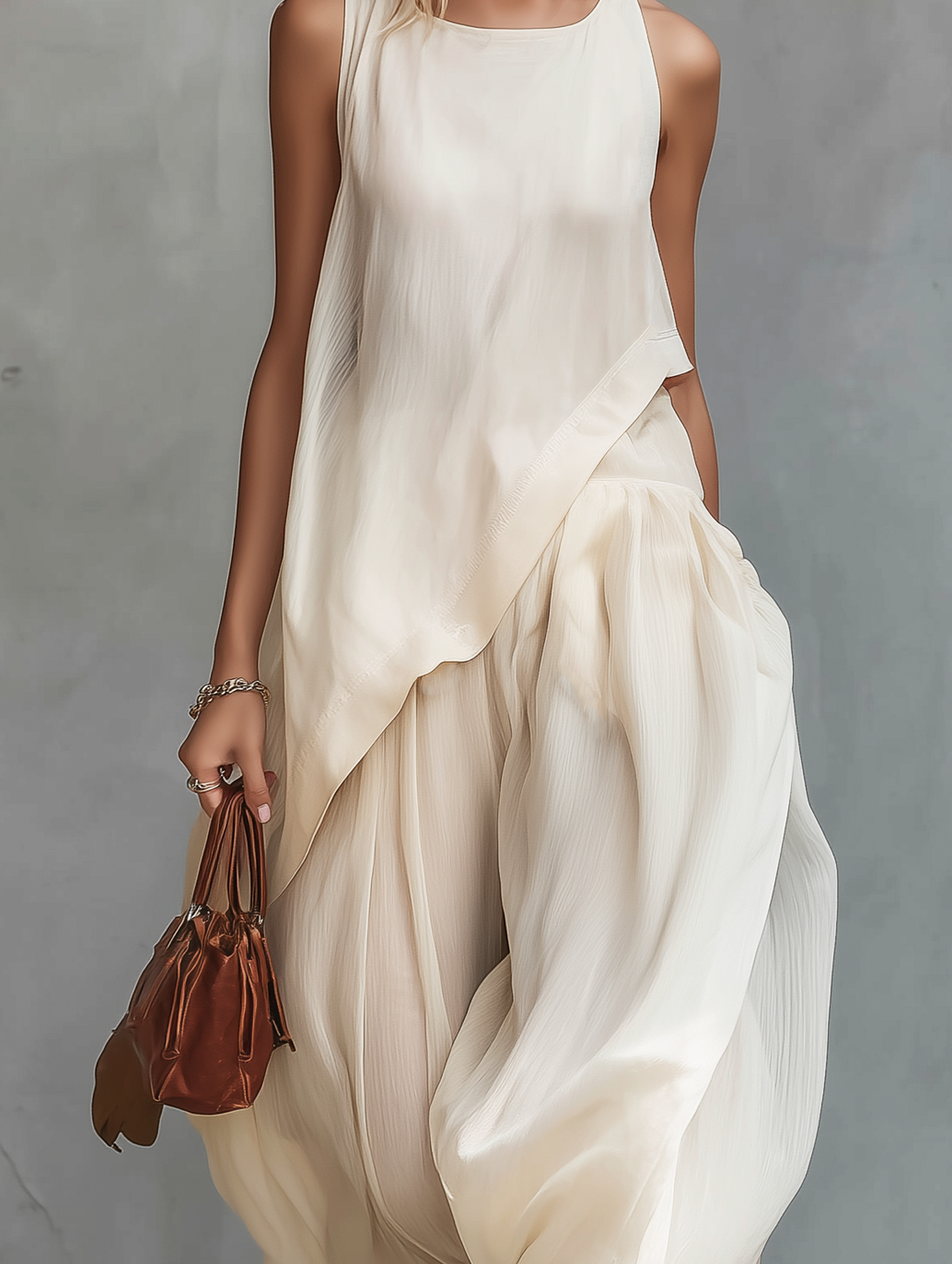 Women's Casual Off-White Chiffon Sleeveless Top With Round Neckline, Paired With Loose-Fitting Trousers MDZ0340F8LXY