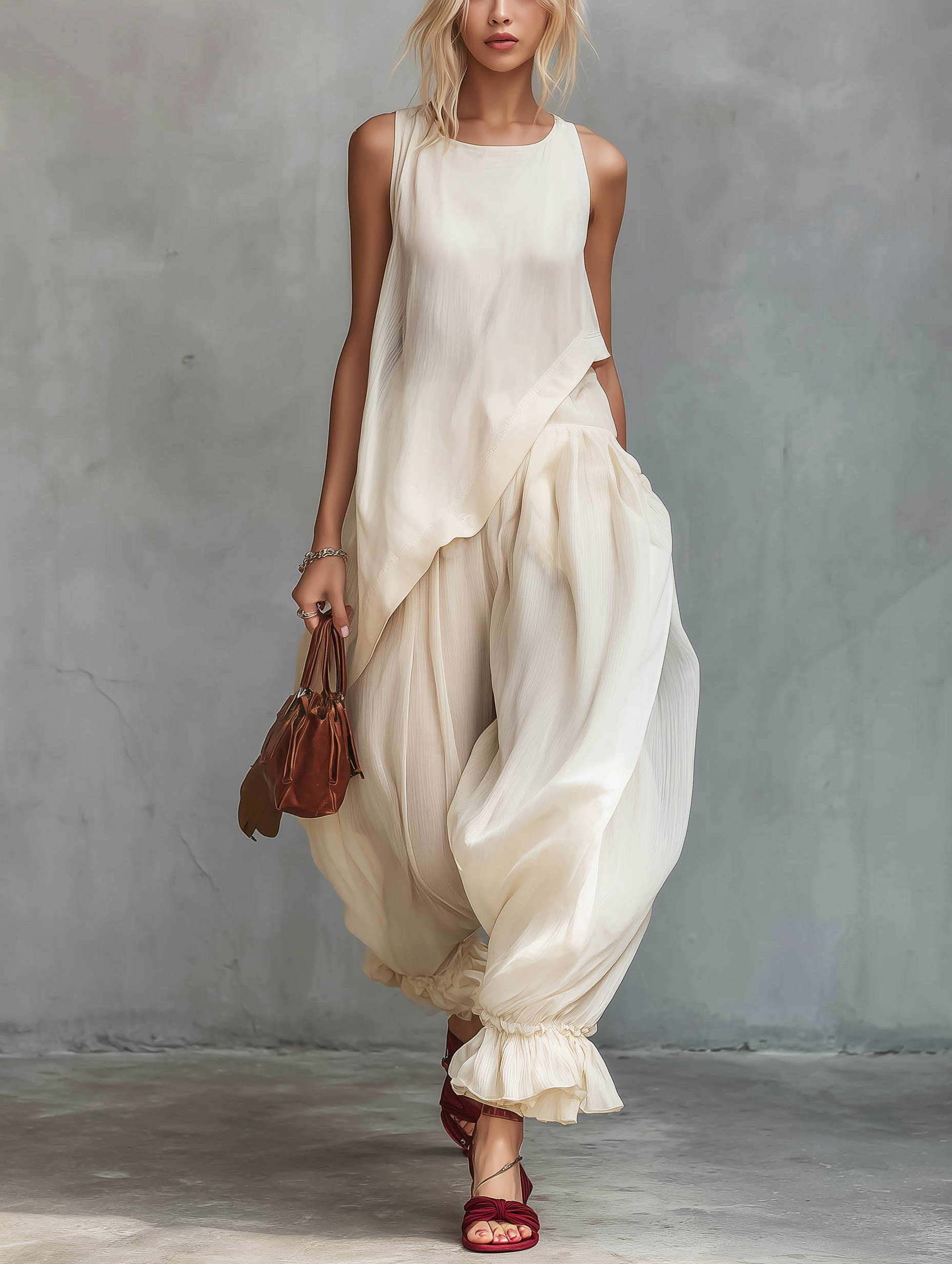 Women's Casual Off-White Chiffon Sleeveless Top With Round Neckline, Paired With Loose-Fitting Trousers MDZ0340F8LXY