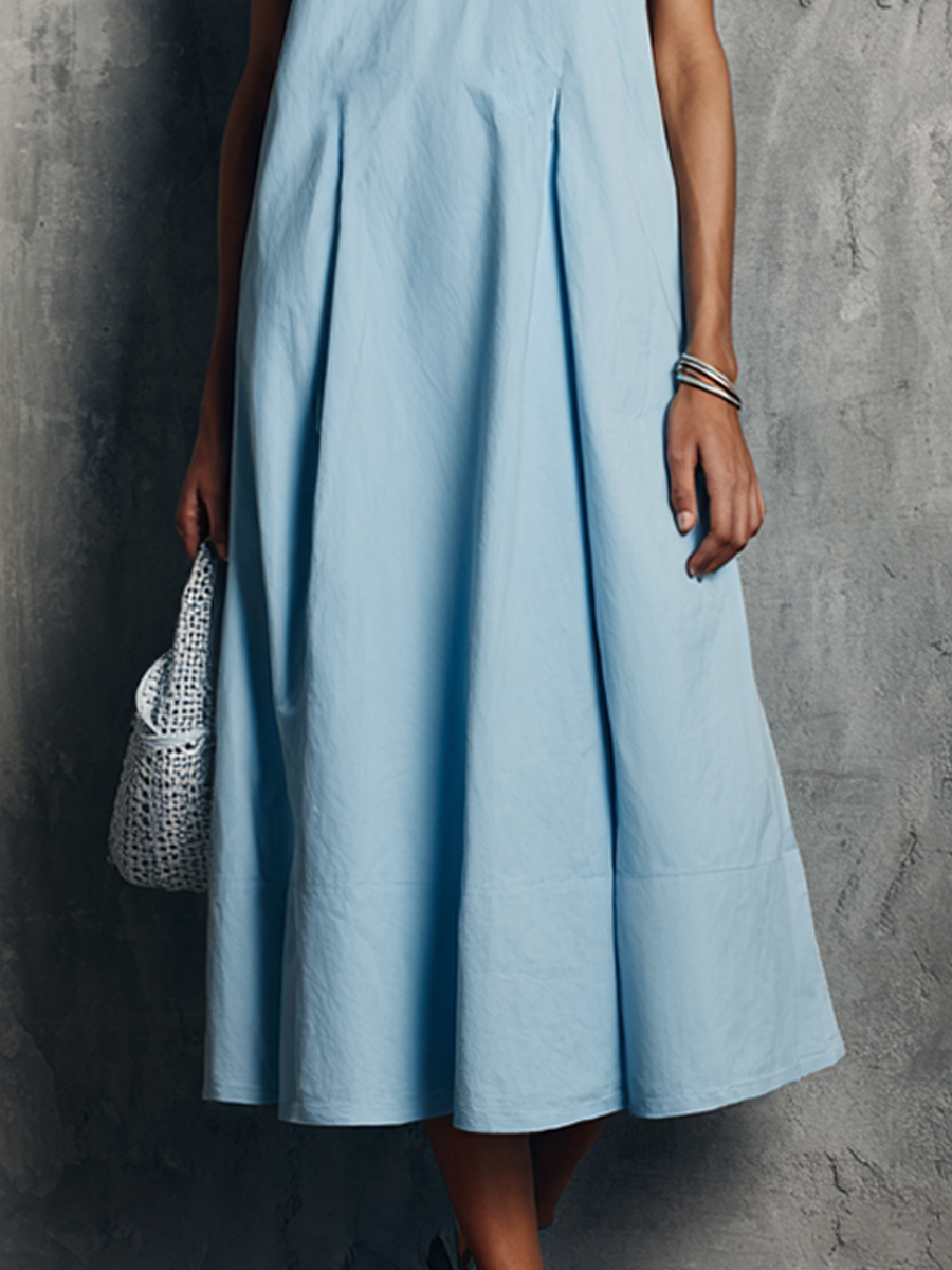 Women's Minimalist Commuter Style Light Blue Cotton Blend Stand Collar Split V Button Pleated Sleeveless Midi Dress MDZ0323F0GMJ