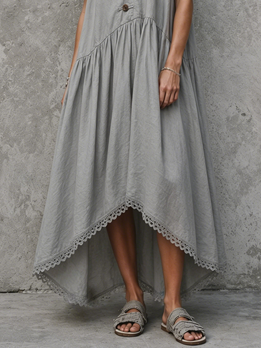 Women's Lazy Vacation Style Gray Cotton Blend Tie Shoulder Front Buttons Lace Trim Irregular Hem Midi Dress MDZ0367F0GMJ