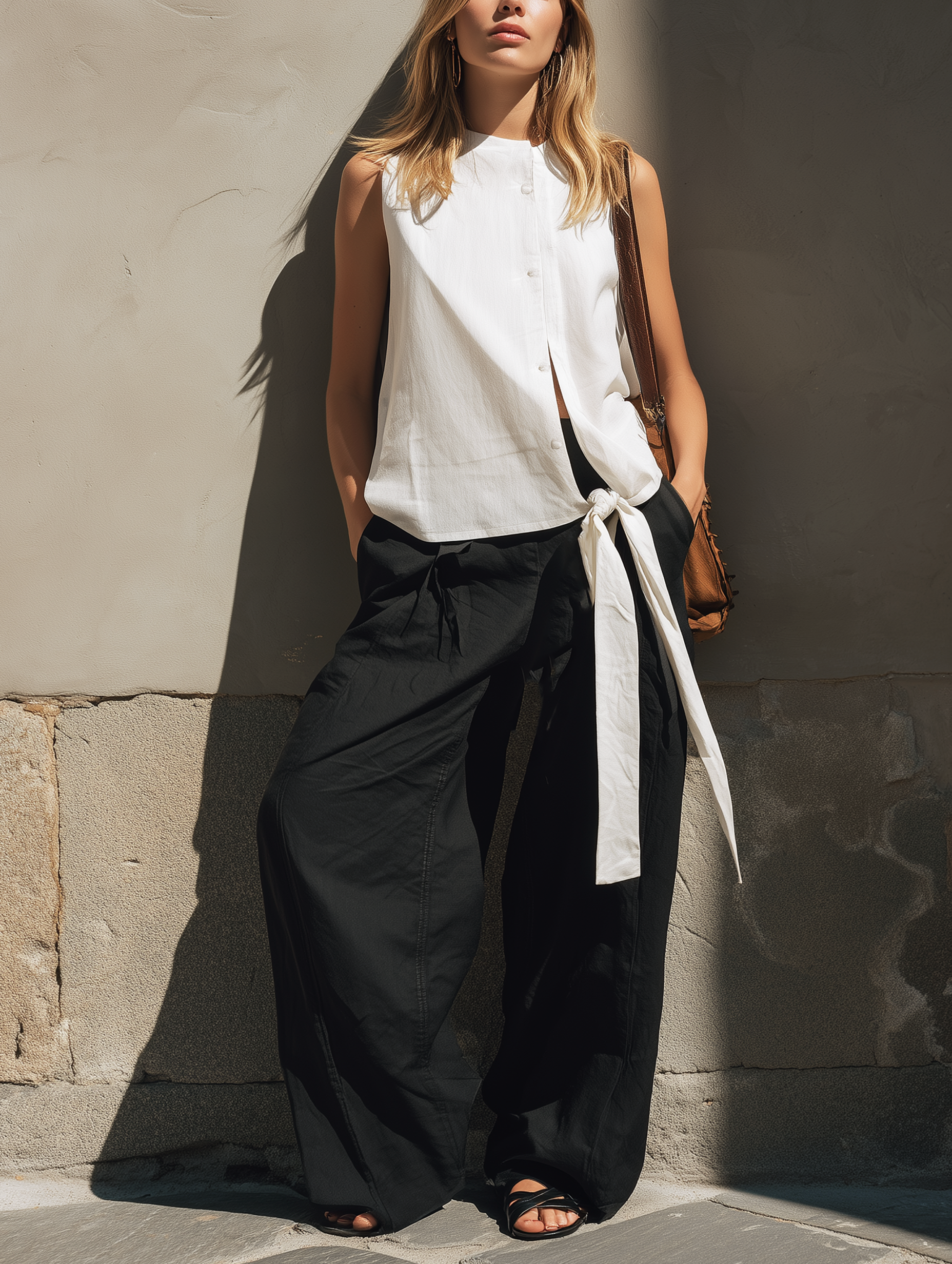 Women's Casual White Woven Sleeveless Top And Black Woven Trousers Set MDZ0451F3LXY