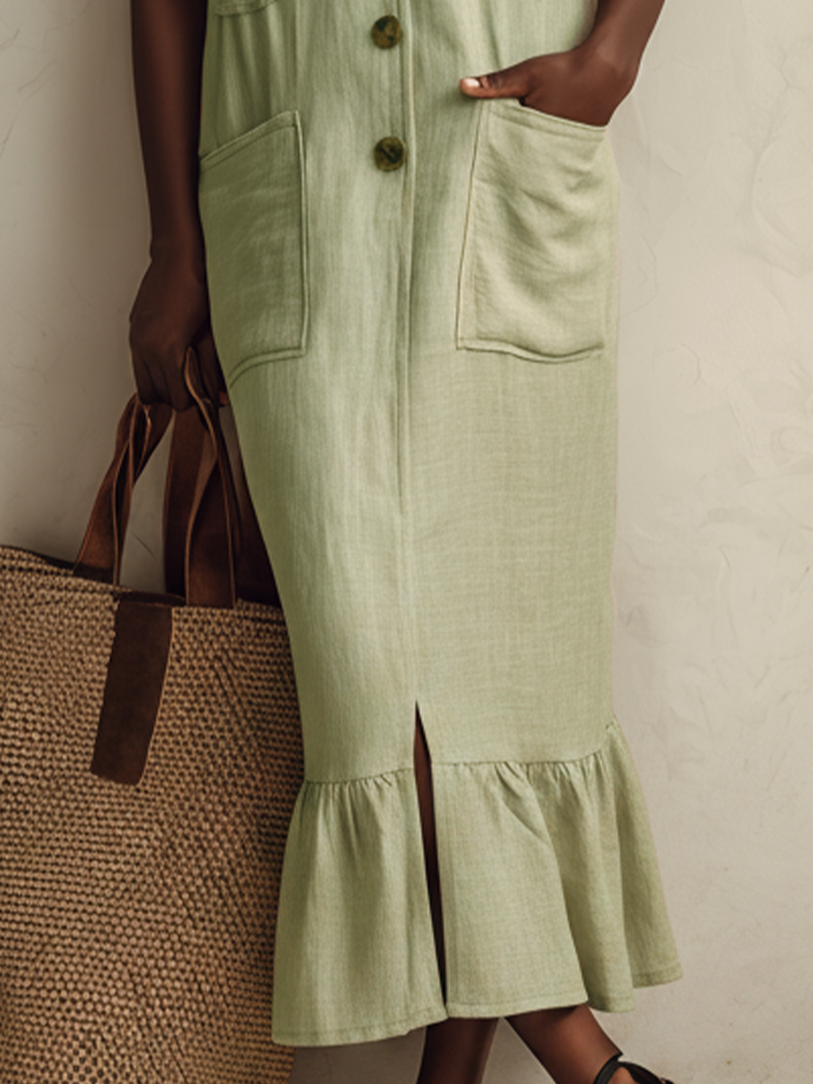 Women’s Sage Green Cotton-Linen Blend Sleeveless V-Neck Button Front Multi-Pocket Ruffle Hem Maxi Dress MDZ0400F2T