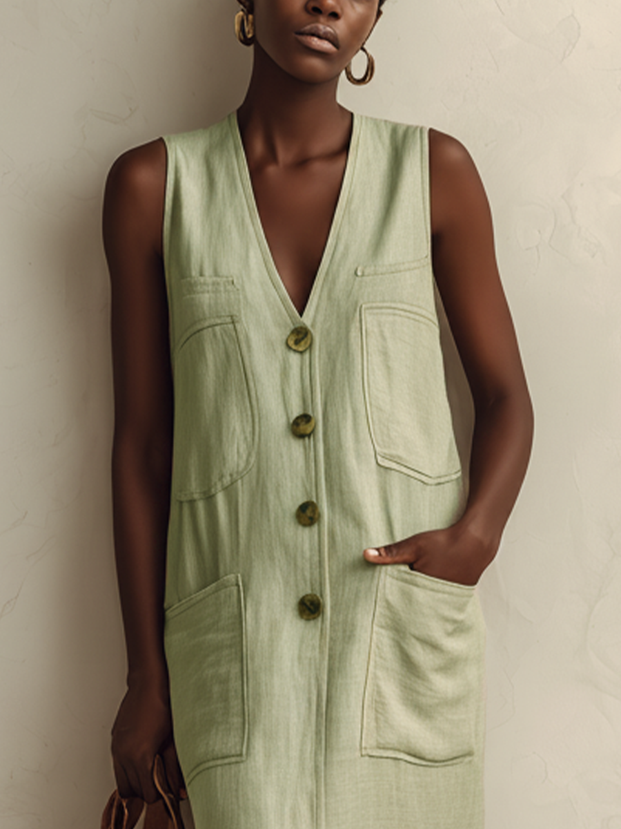 Women’s Sage Green Cotton-Linen Blend Sleeveless V-Neck Button Front Multi-Pocket Ruffle Hem Maxi Dress MDZ0400F2T