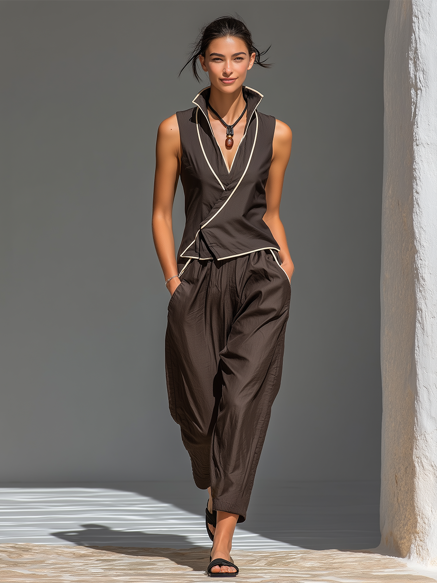 Women's Dark Brown Cotton-Blend Two-Piece Set With Contrast Piping Wrap Vest & Elastic Cuff Harem Pants, Minimalist Casual Resort Outfit MDZ0411F9LYL