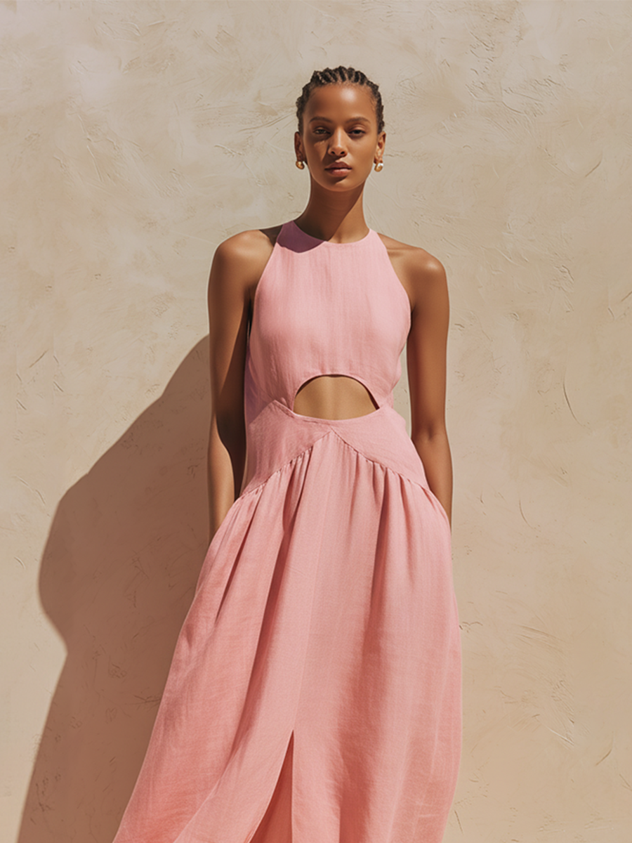 Women's Blush Pink Linen-Blend Maxi Dress With Halter Neck & Waist Cutout Detail, Minimalist Casual Resort Dress MDZ0459F0LYL