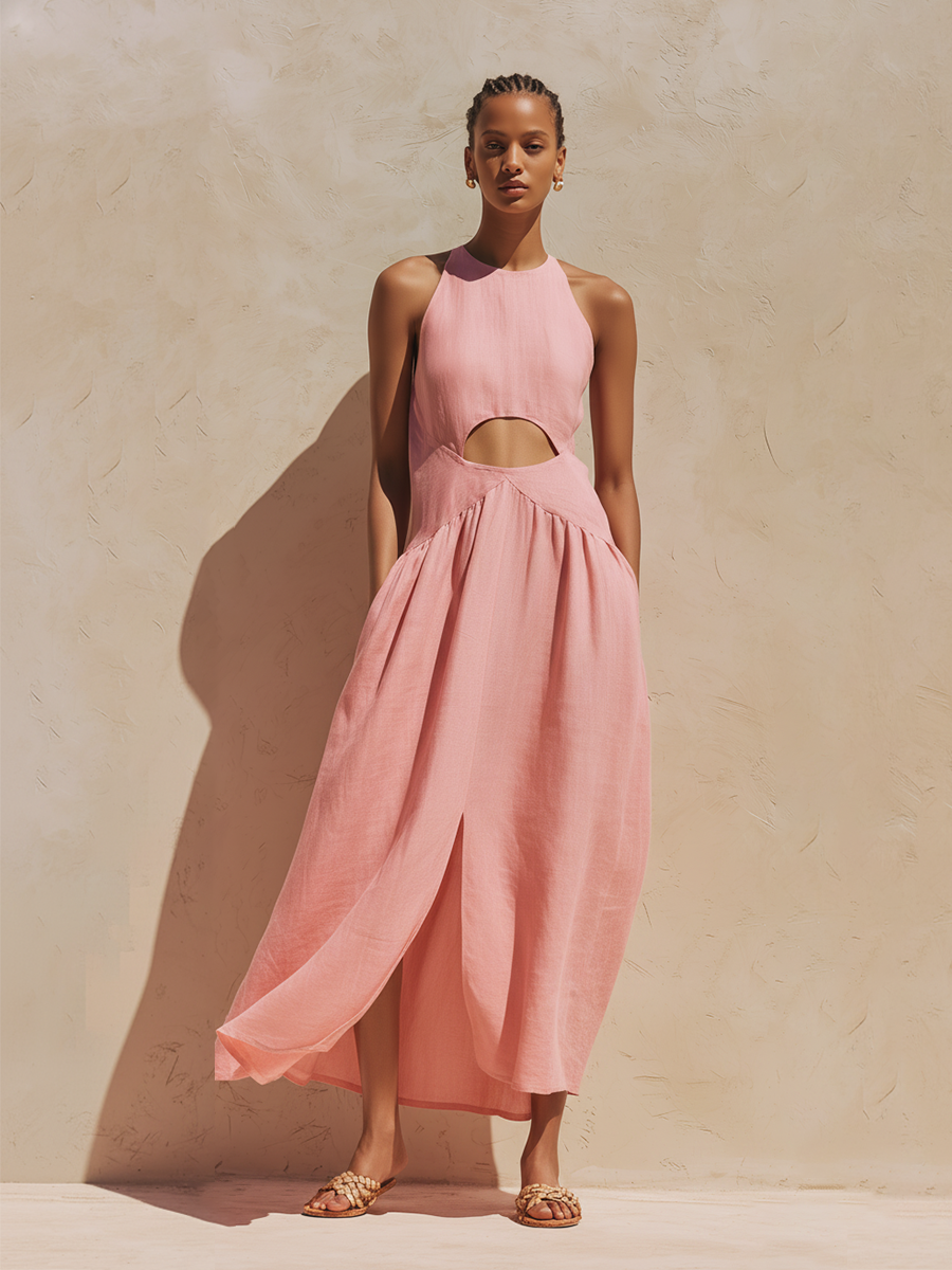 Women's Blush Pink Linen-Blend Maxi Dress With Halter Neck & Waist Cutout Detail, Minimalist Casual Resort Dress MDZ0459F0LYL