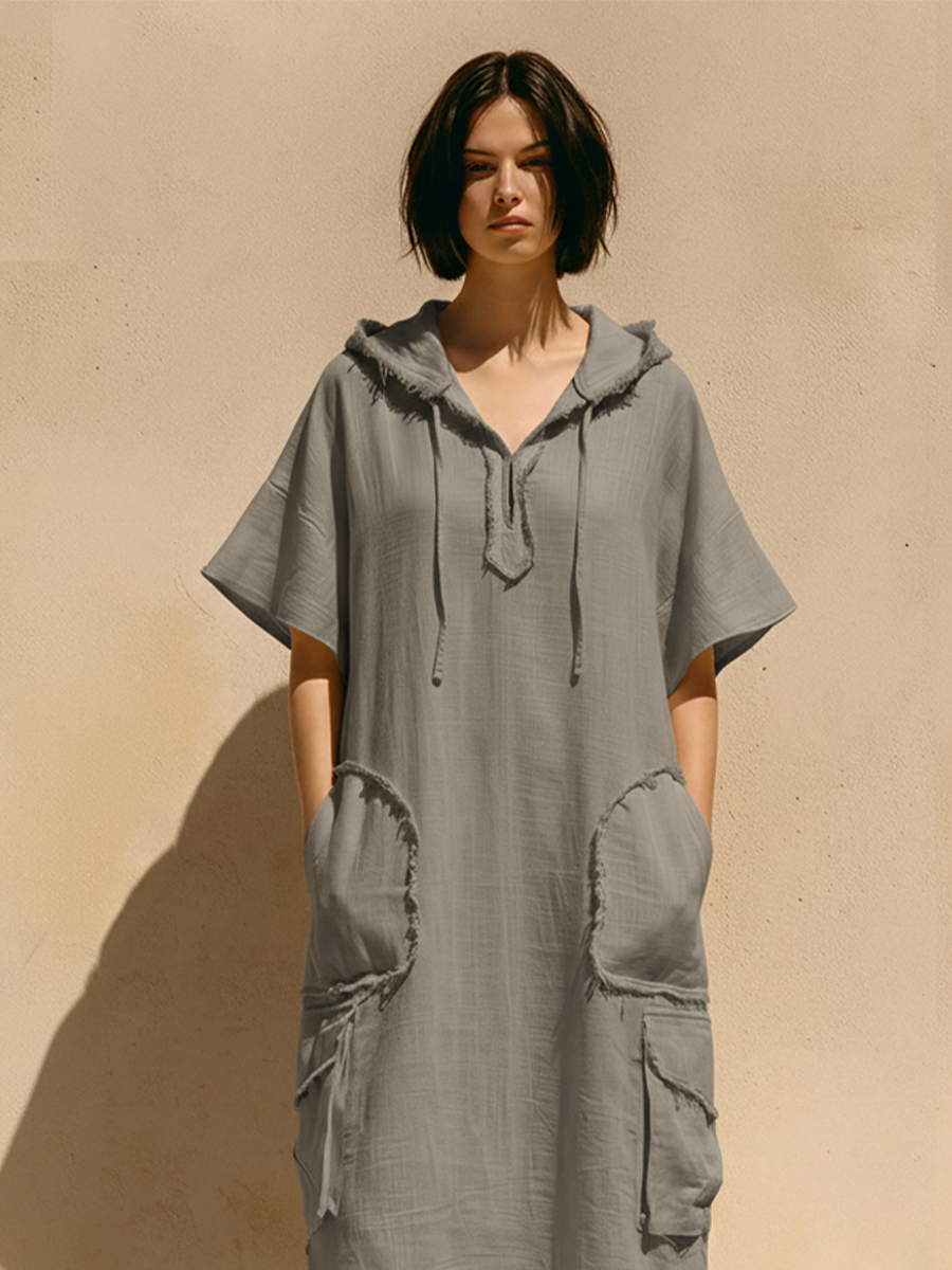 Women's Gray Linen-Blend Midi Dress With Fringe Trim Hood & Multi Cargo Pockets, Boho Casual Vacation Dress MDZ0406F1LYL