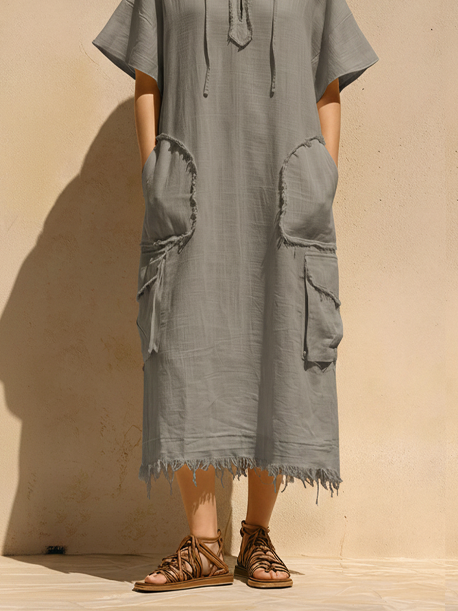Women's Gray Linen-Blend Midi Dress With Fringe Trim Hood & Multi Cargo Pockets, Boho Casual Vacation Dress MDZ0406F1LYL