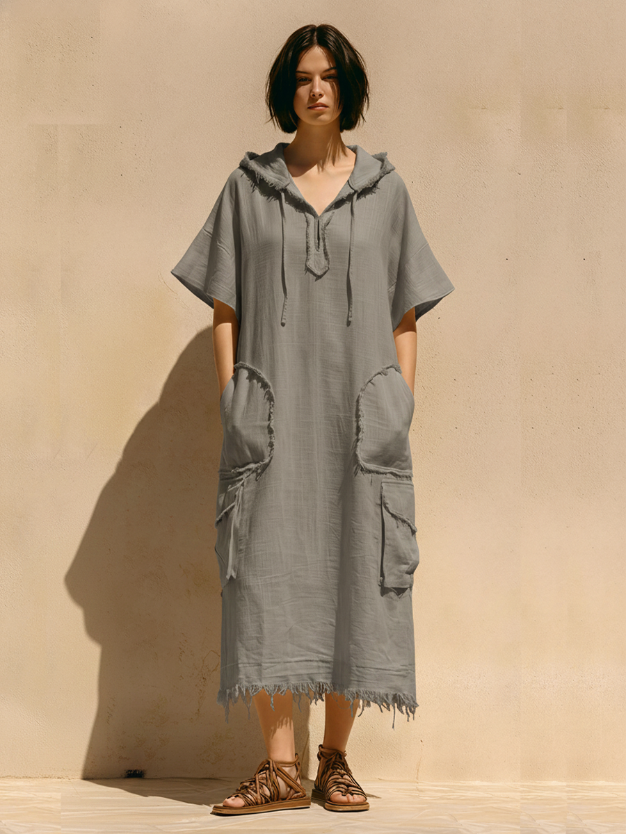 Women's Gray Linen-Blend Midi Dress With Fringe Trim Hood & Multi Cargo Pockets, Boho Casual Vacation Dress MDZ0406F1LYL