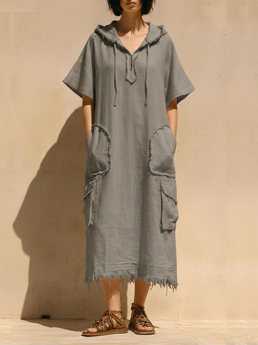 Women's Gray Linen-Blend Midi Dress With Fringe Trim Hood & Multi Cargo Pockets, Boho Casual Vacation Dress MDZ0406F1LYL