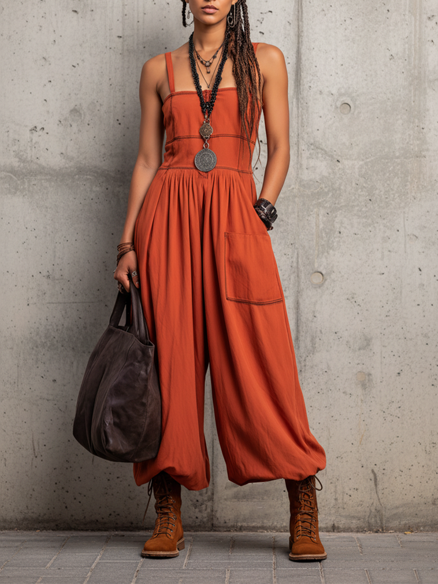 Women's Rust Orange Soft Cotton-Blend Romper With Square Neck Bib & Side Inseam Pocket, Contemporary Versatile Outdoor Jumpsuit MDZ0431F9LYL