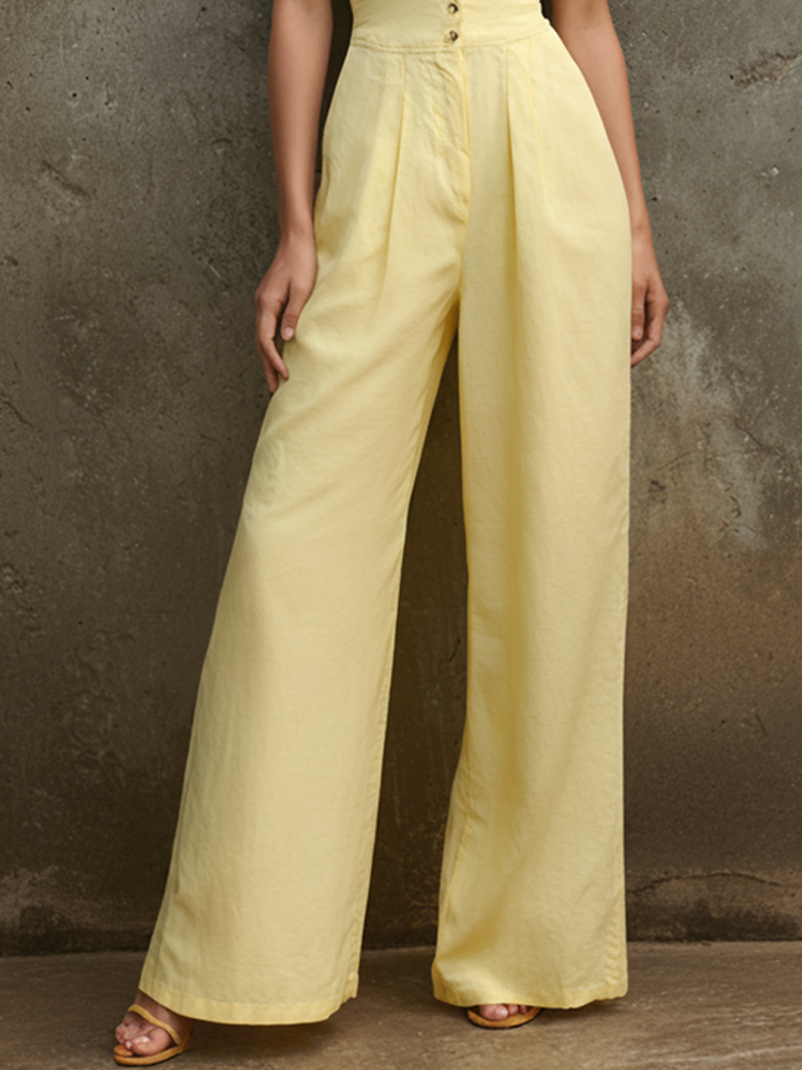 Women's French Casual Style Light Yellow Cotton Blend Halter Sweetheart Button Front Pleated Wide Leg Full Length Jumpsuit  MDZ0404F5GMJ