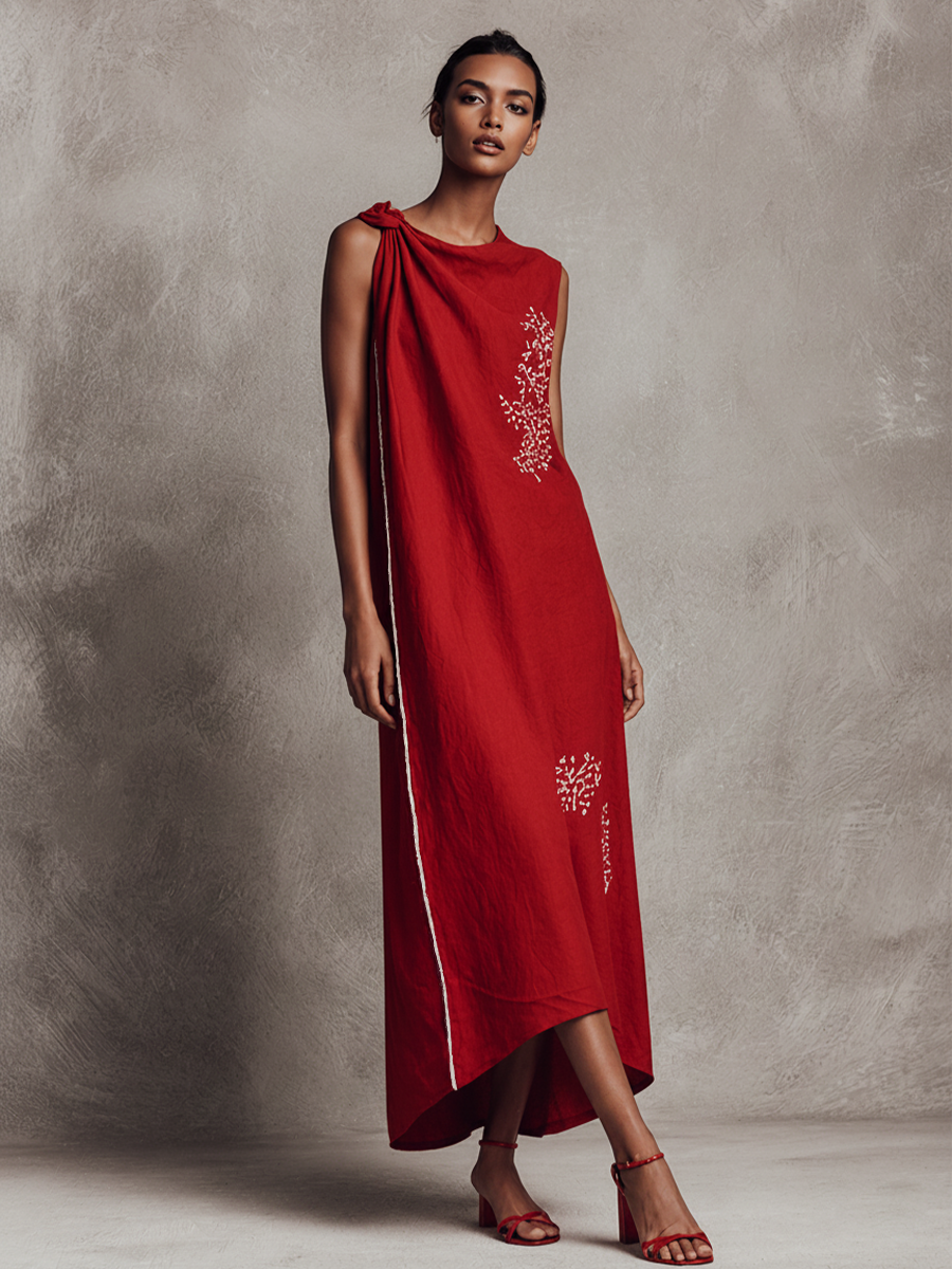 Women's Resort Style Red Cotton Linen Twisted Embroidery White Trim Maxi Dress MDZ0469F7GMJ