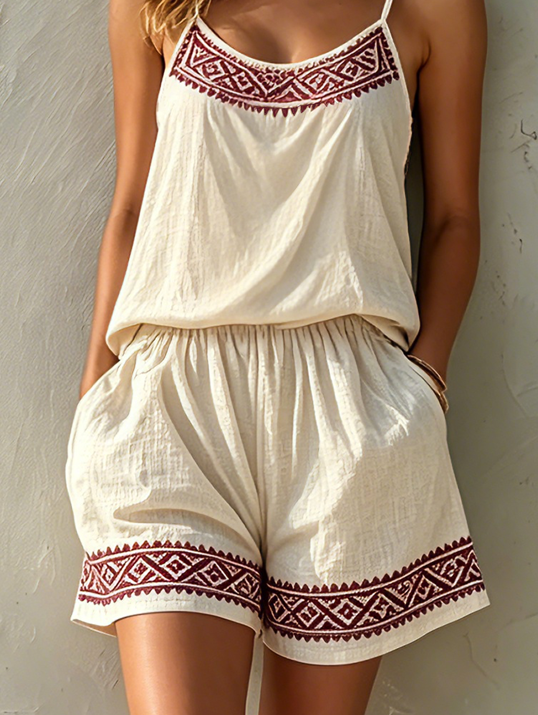 Women's Casual Off-white Cotton-linen Camisole Featuring Intricate Embroidery, Paired With Embroidered Shorts MDZ0593F1LXY