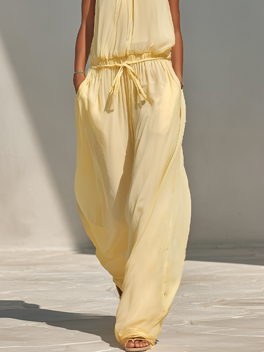 Women's Pale Yellow Chiffon Jumpsuit With Halter Neck & Drawstring Waist, Minimalist Casual Beach Jumpsuit MDZ0554F2LYL