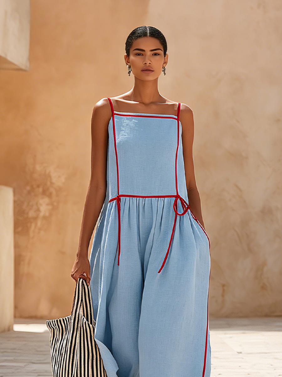 Women's Light Blue Linen-Blend Jumpsuit With Red Contrast Piping & Side Tie Detail, Minimalist Casual Resort Jumpsuit MDZ0542F5LYL