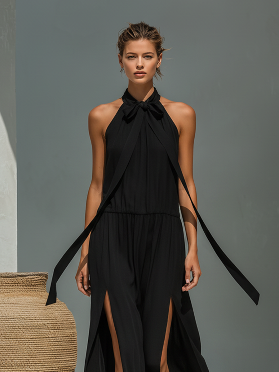 Women's Black Flowy Chiffon Maxi Dress With Halter Neck Bow Tie & Double Side High Slits, Elegant Casual Resort Dress MDZ0570F7LYL