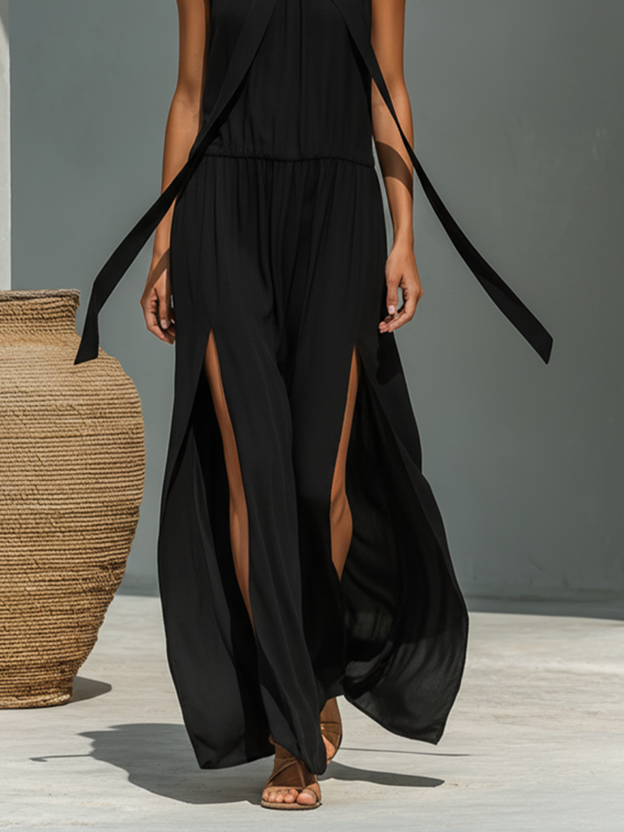Women's Black Flowy Chiffon Maxi Dress With Halter Neck Bow Tie & Double Side High Slits, Elegant Casual Resort Dress MDZ0570F7LYL