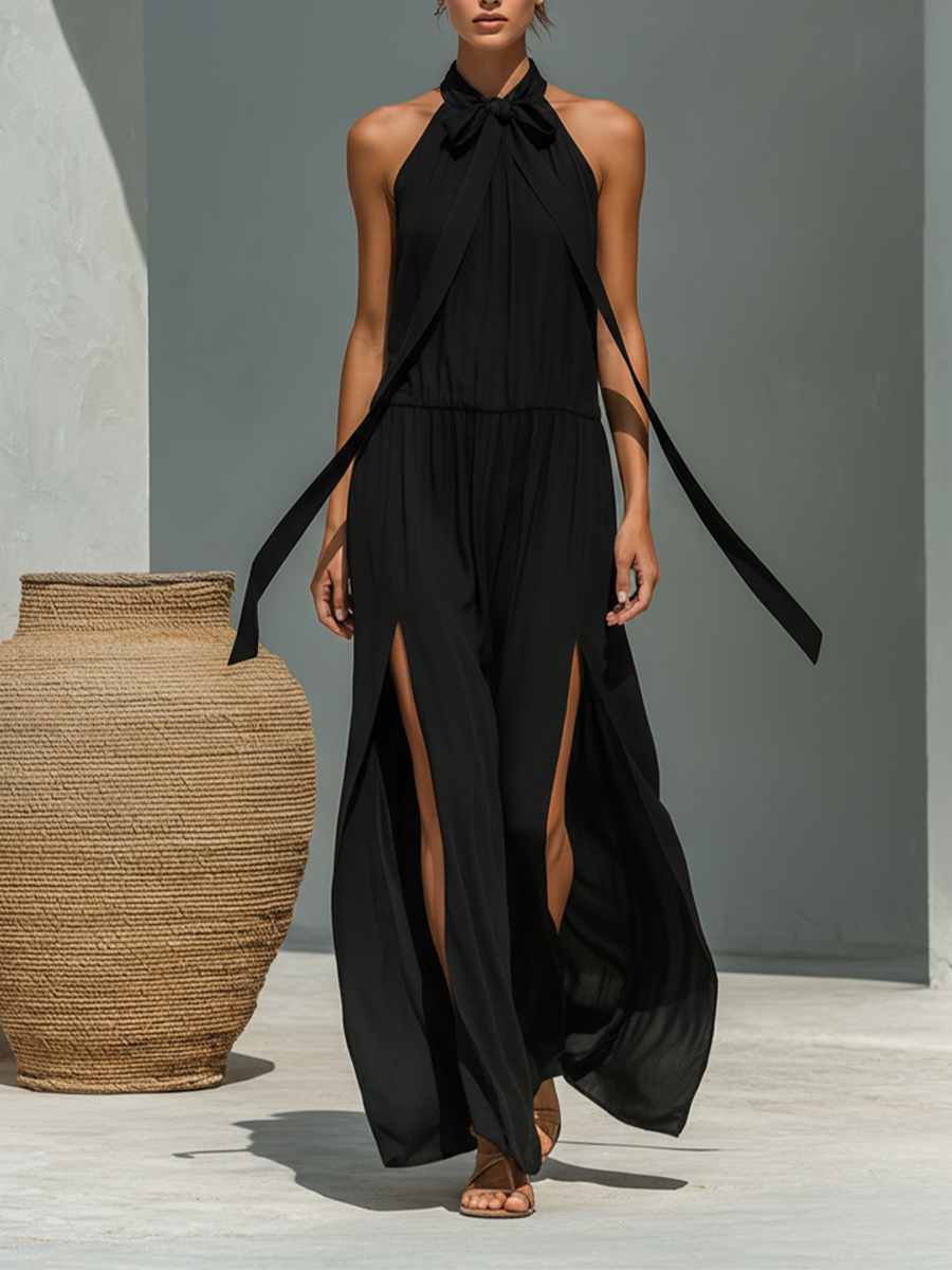 Women's Black Flowy Chiffon Maxi Dress With Halter Neck Bow Tie & Double Side High Slits, Elegant Casual Resort Dress MDZ0570F7LYL