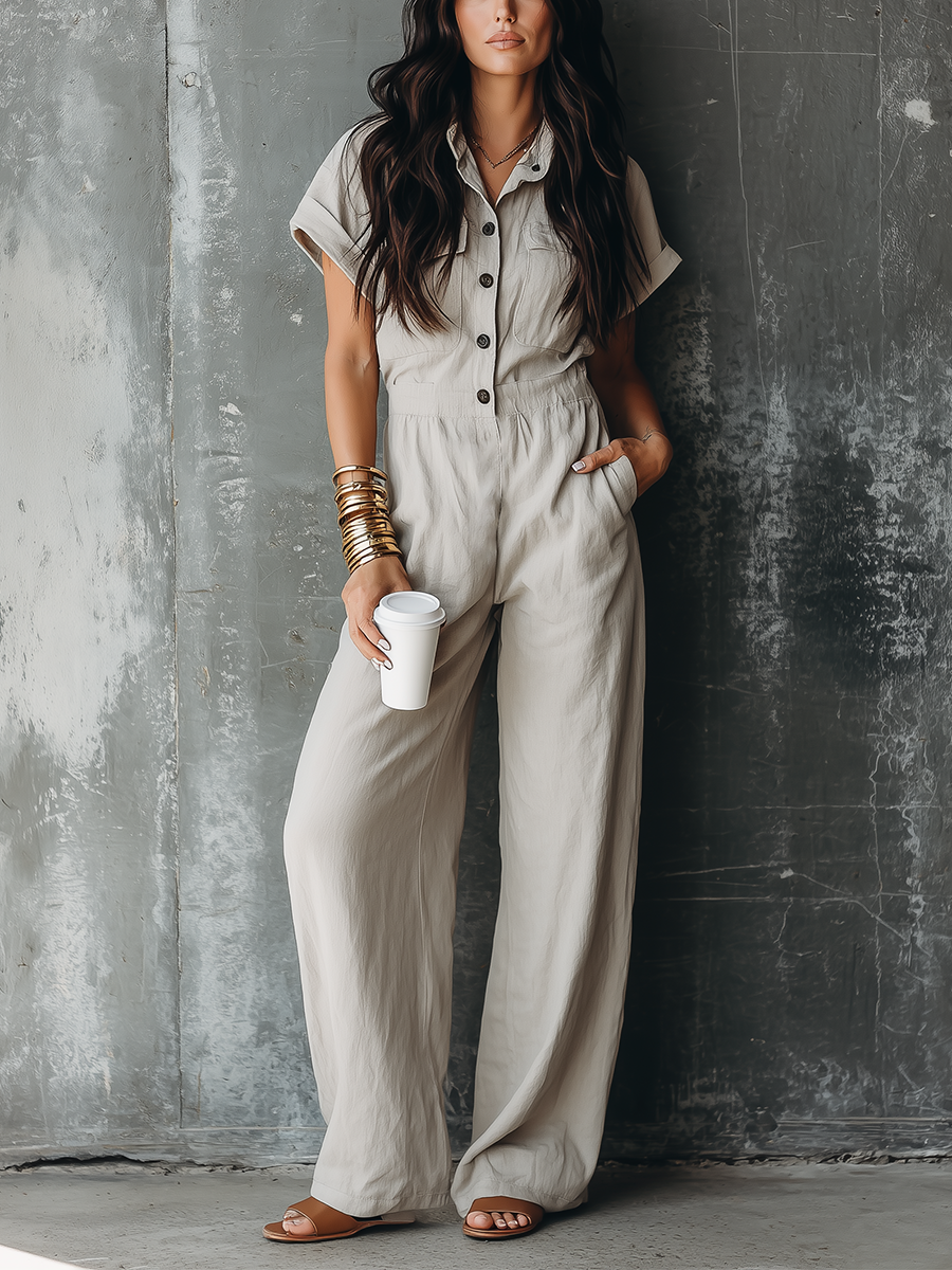 Women’s Light Grey Linen Blend Collared Short Sleeve Button Front Elastic Waist Wide Leg Utility Jumpsuit With Side Pockets MDZ0547F0T
