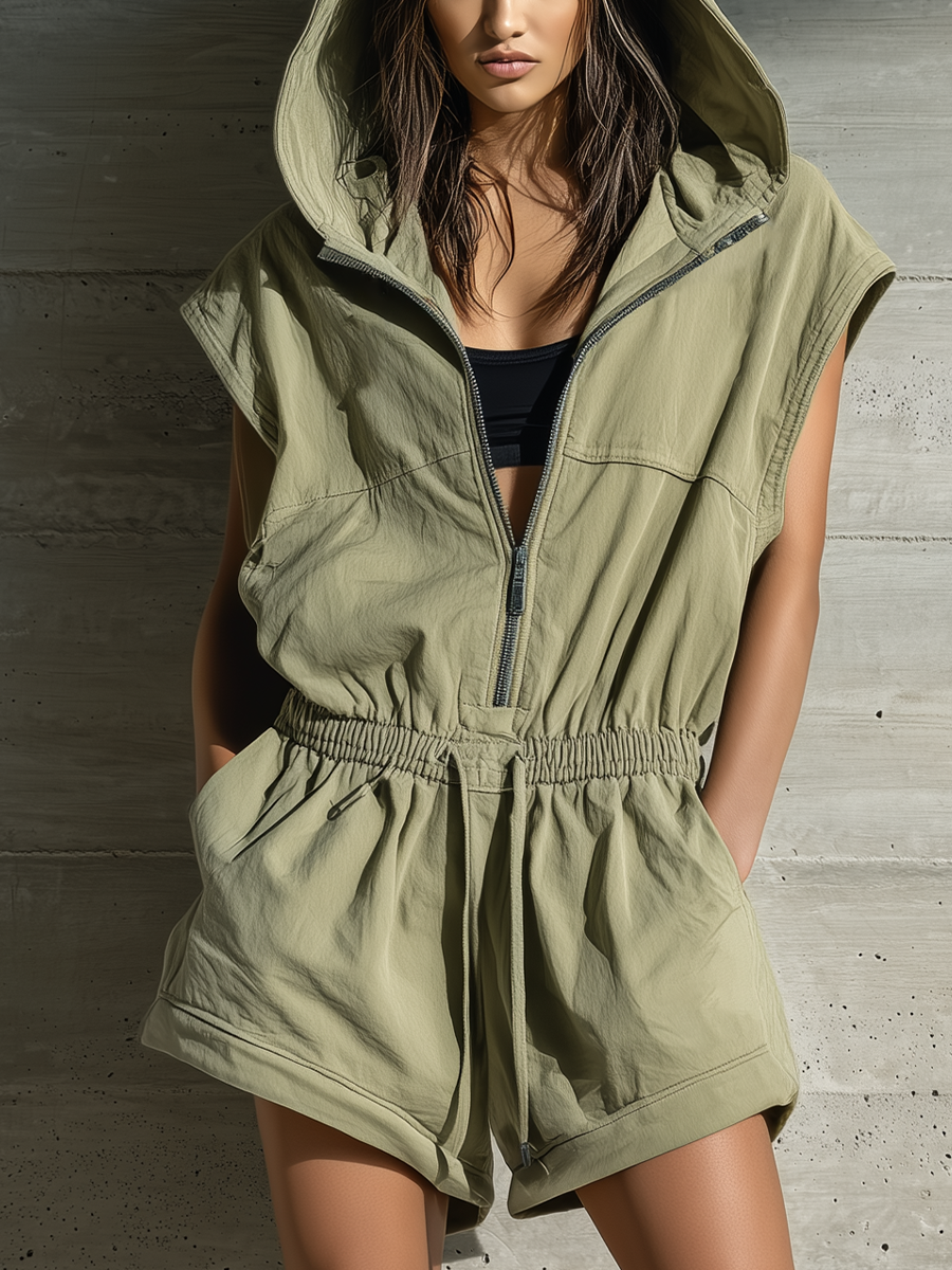 Women’s Sage Green Cotton Blend Sleeveless Hooded Half Zip Elastic Drawstring Waist Pocket Romper Shorts Jumpsuit (Without Inner Layer)MDZ0585F3T
