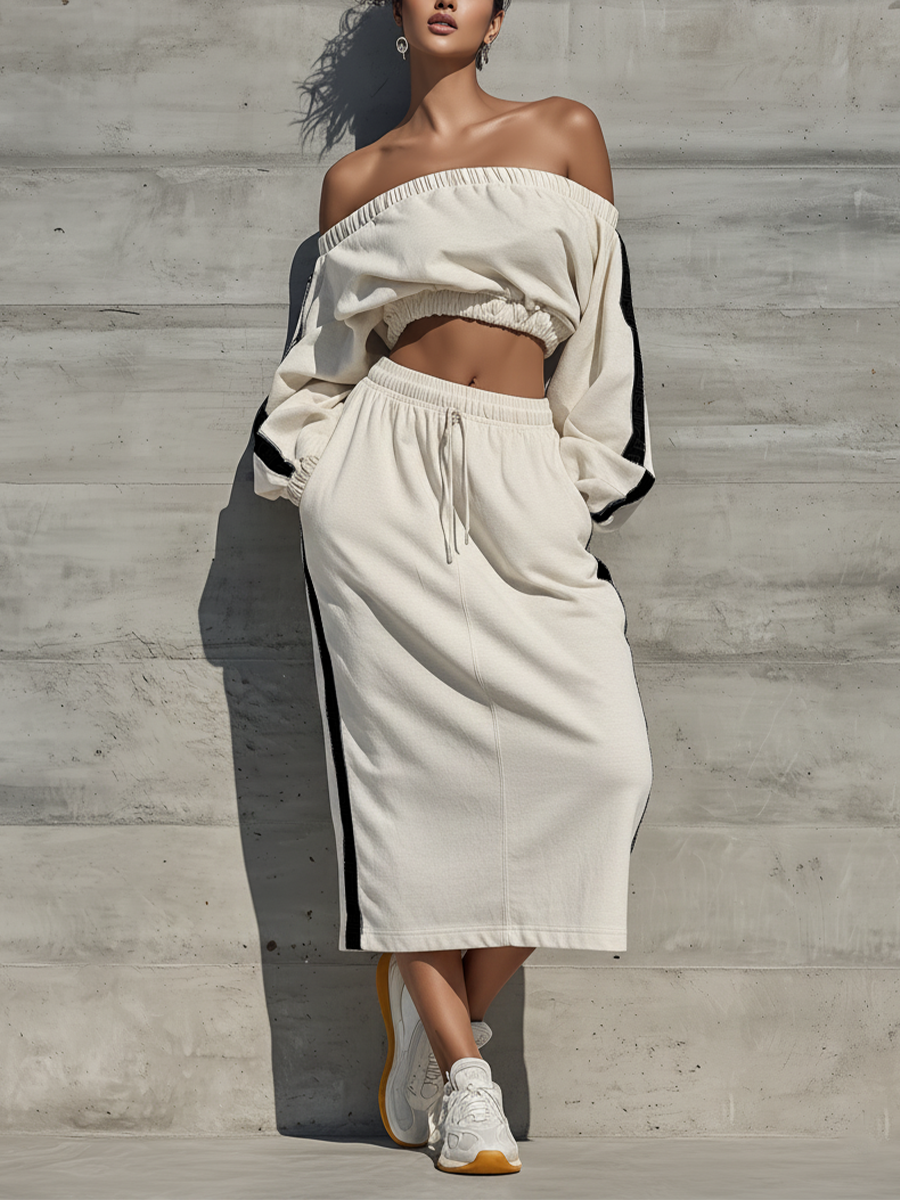Women’s Off White Off Shoulder Long Sleeve Side Black Stripe Cropped Top & Elastic Drawstring Midi Skirt Two-Piece Tracksuit Set MDZ0593F4T
