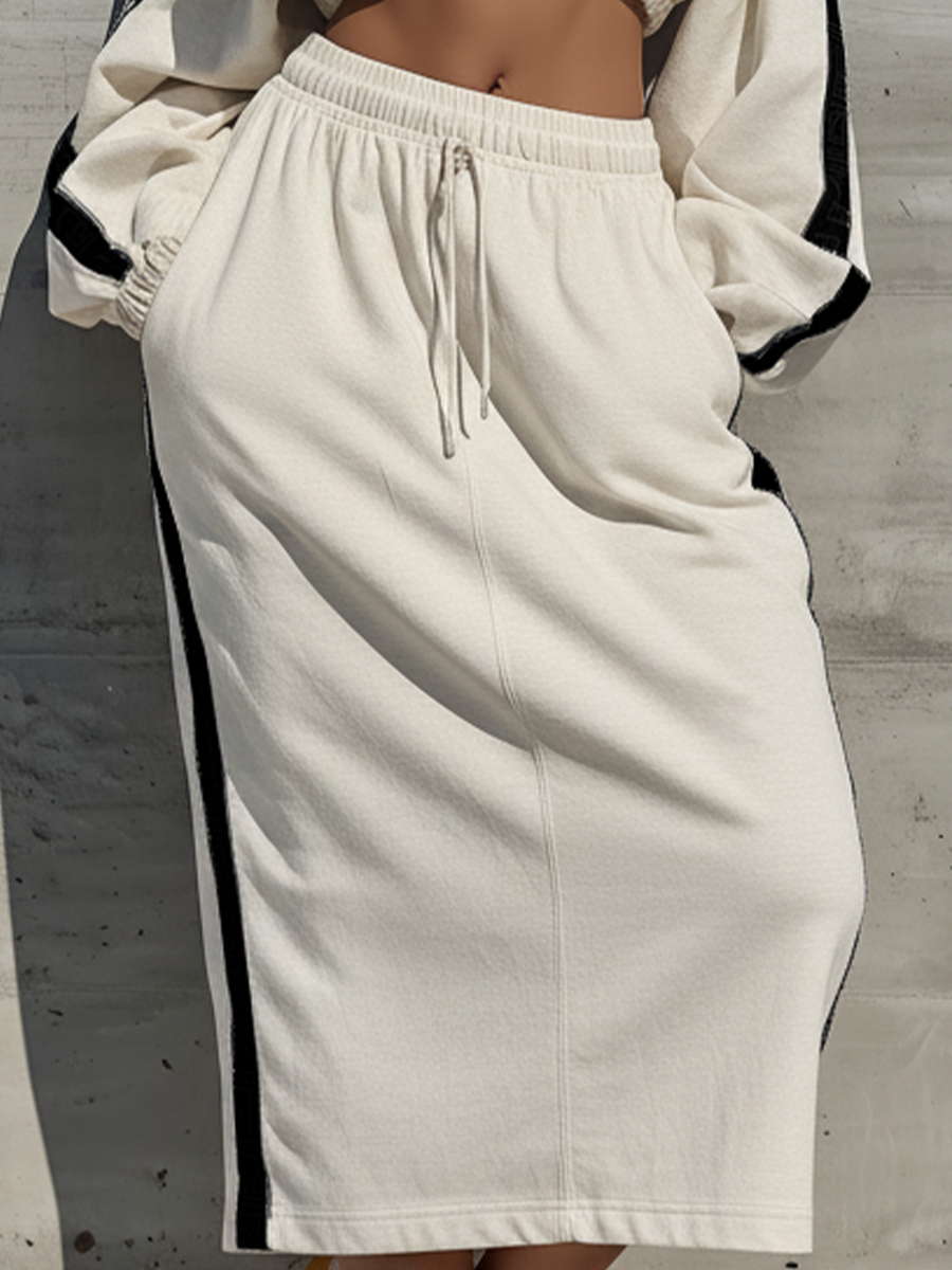 Women’s Off White Off Shoulder Long Sleeve Side Black Stripe Cropped Top & Elastic Drawstring Midi Skirt Two-Piece Tracksuit Set MDZ0593F4T