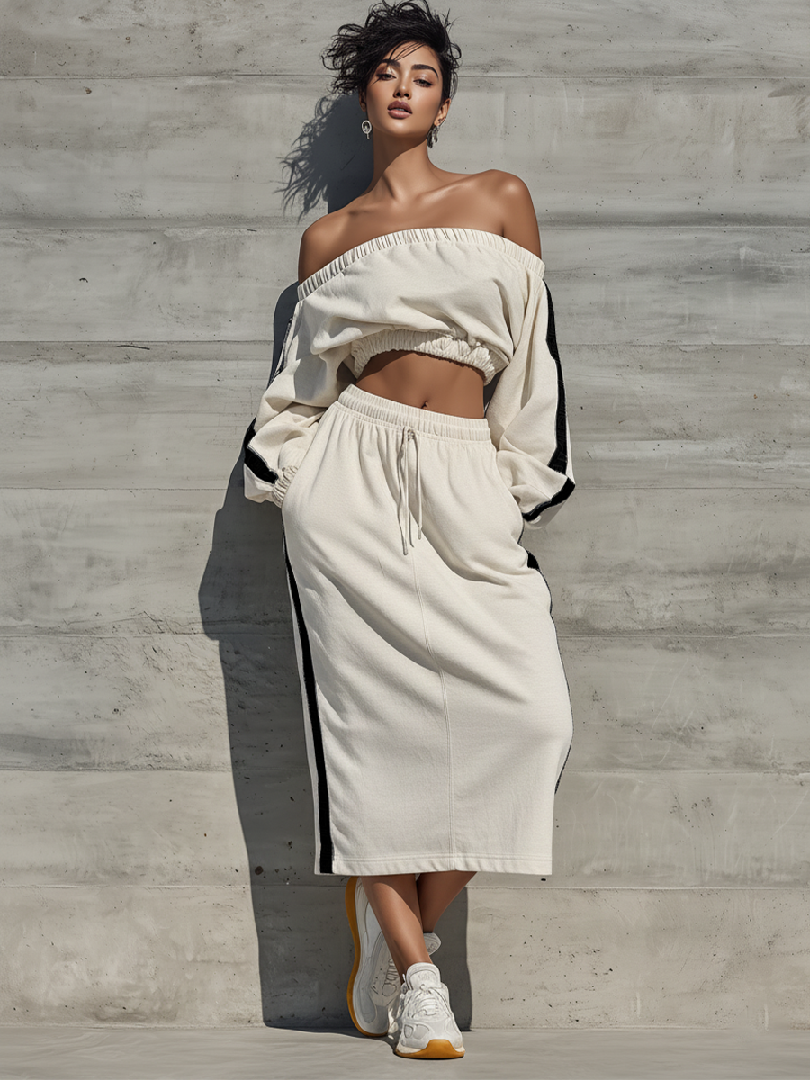 Women’s Off White Off Shoulder Long Sleeve Side Black Stripe Cropped Top & Elastic Drawstring Midi Skirt Two-Piece Tracksuit Set MDZ0593F4T