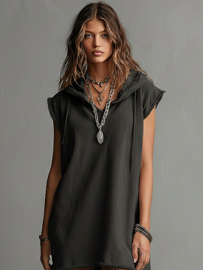 Women's Casual Hooded Mini Sweatshirt Dress With Drop Shoulders And Rolled Cuffs MDZ0580F5WY
