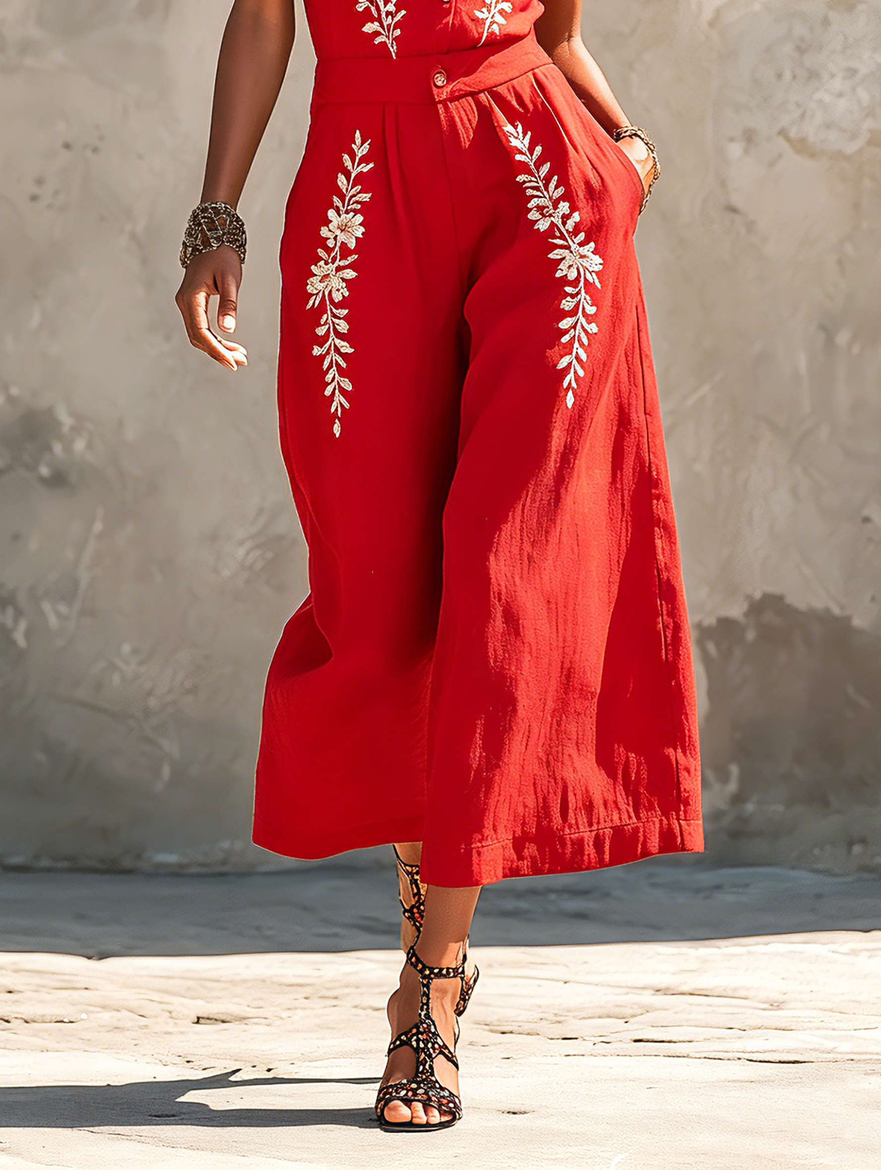 Women's Minimalist Linen-Blend Embroidered Sleeveless Stand-Collar Wide-Leg Jumpsuit MDZ0548F7WY