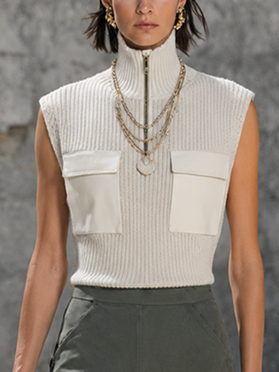 Women's Casual Style Beige Knitted High-Neck Sleeveless Top And Army Green Cotton Workwear Pocket Fishtail Midi Skirt Set MDZ0586F2GMJ