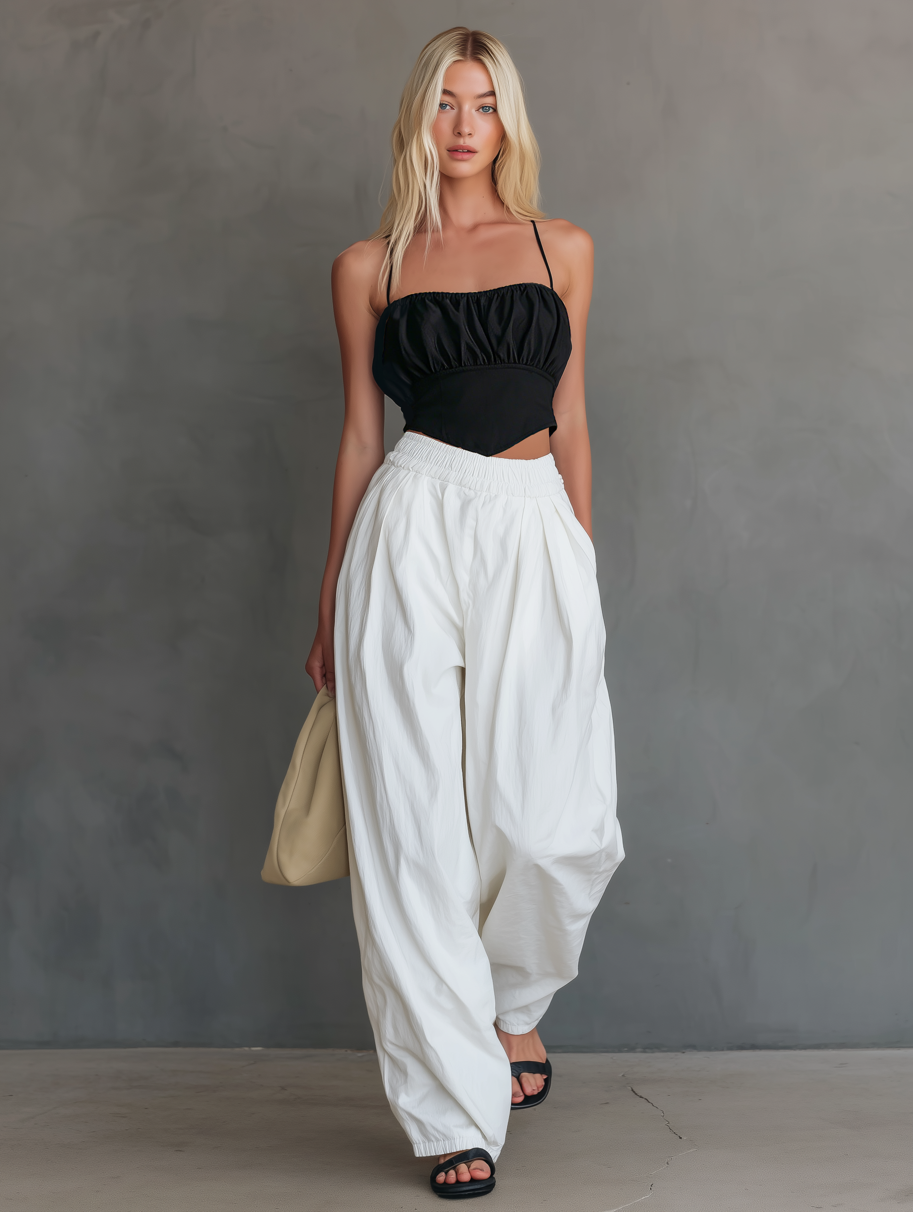 Women's Casual Black Satin Camisole Paired With White Woven Trousers. MDZ0525F1LXY