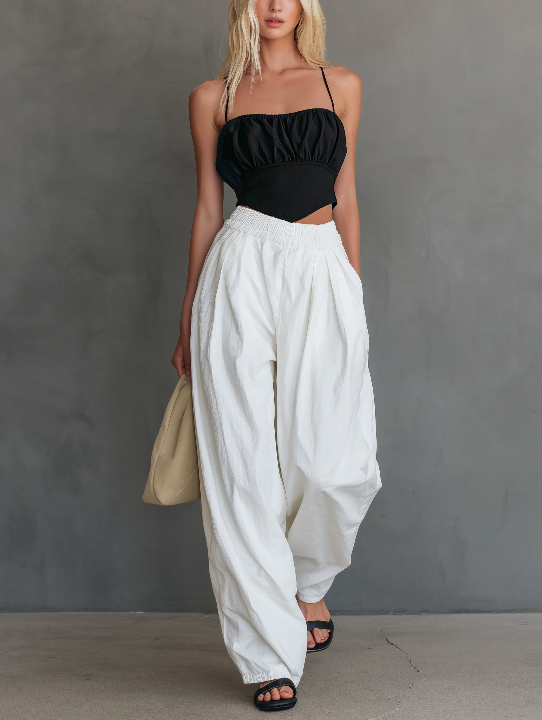 Women's Casual Black Satin Camisole Paired With White Woven Trousers. MDZ0525F1LXY