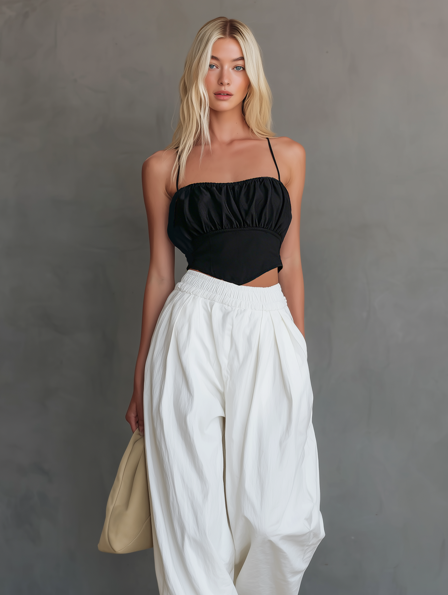 Women's Casual Black Satin Camisole Paired With White Woven Trousers. MDZ0525F1LXY