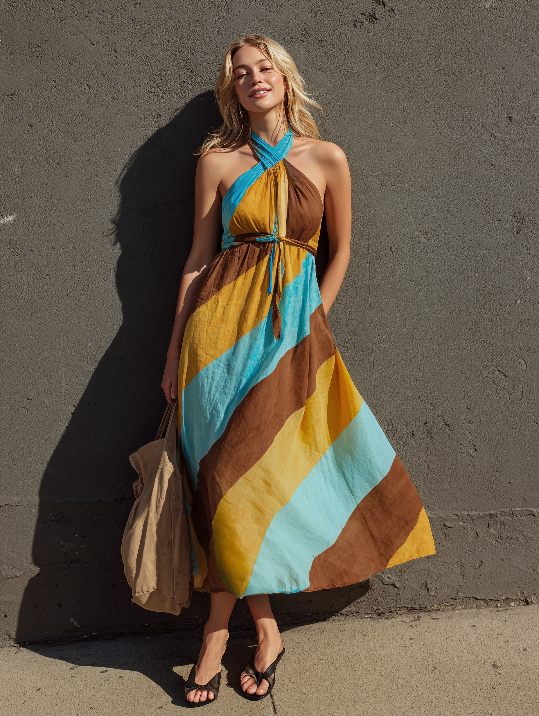 Women's Casual Printed Woven Halter-Neck Sleeveless Maxi Dress MDZ0590F4LXY
