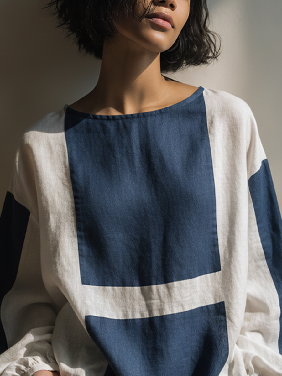 Women's Indigo White Patchwork Linen Top With Boat Neck & Cinched Drawstring Cuffs, Modern Effortless-Chic Linen Blouse MDZ0801F5LYL
