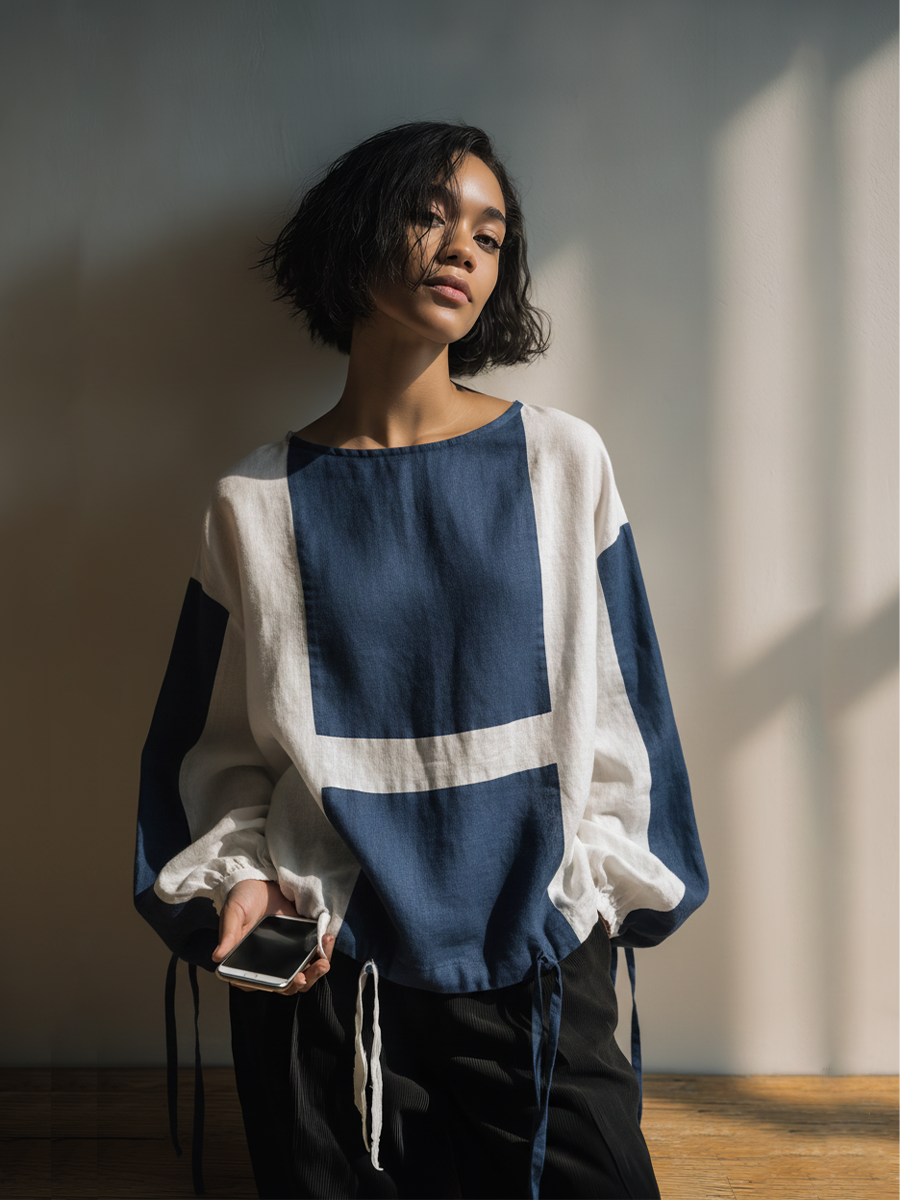 Women's Indigo White Patchwork Linen Top With Boat Neck & Cinched Drawstring Cuffs, Modern Effortless-Chic Linen Blouse MDZ0801F5LYL