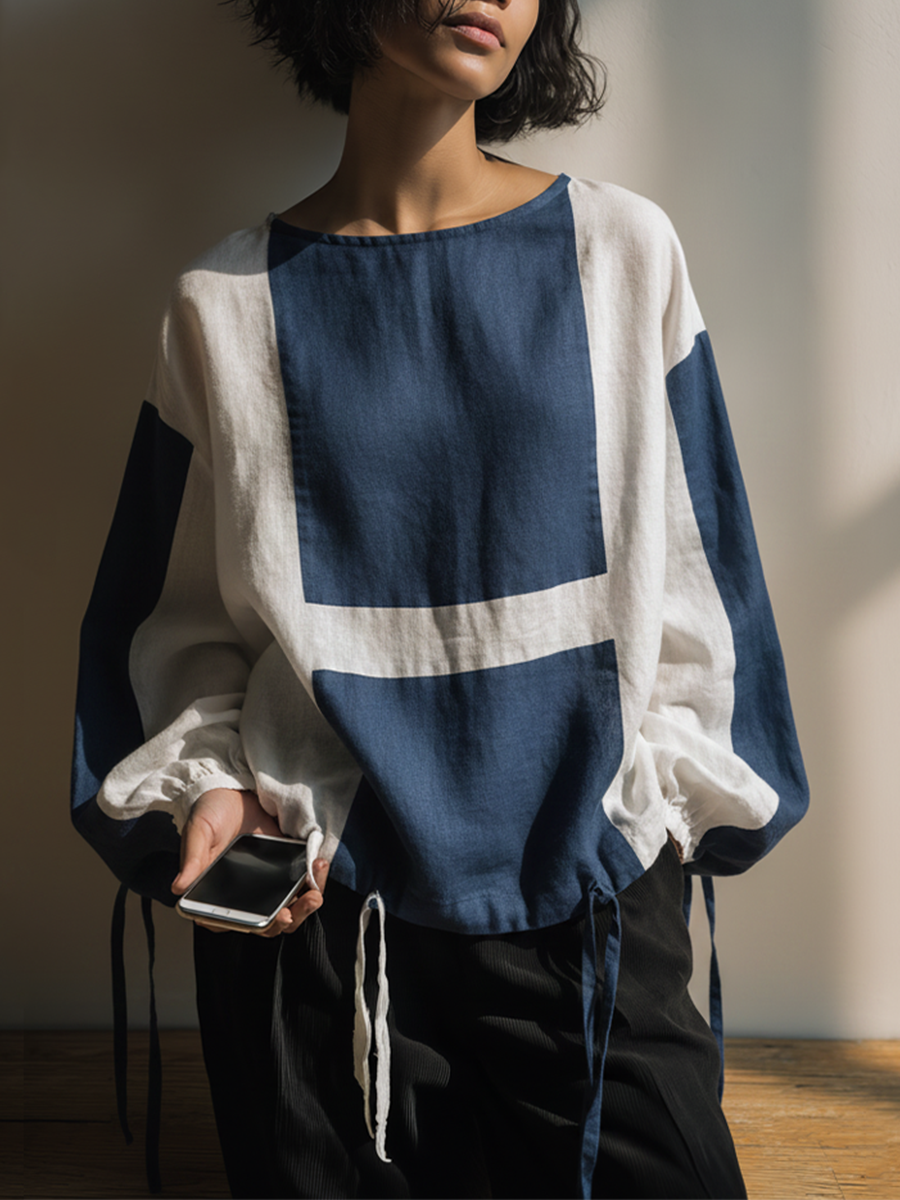 Women's Indigo White Patchwork Linen Top With Boat Neck & Cinched Drawstring Cuffs, Modern Effortless-Chic Linen Blouse MDZ0801F5LYL