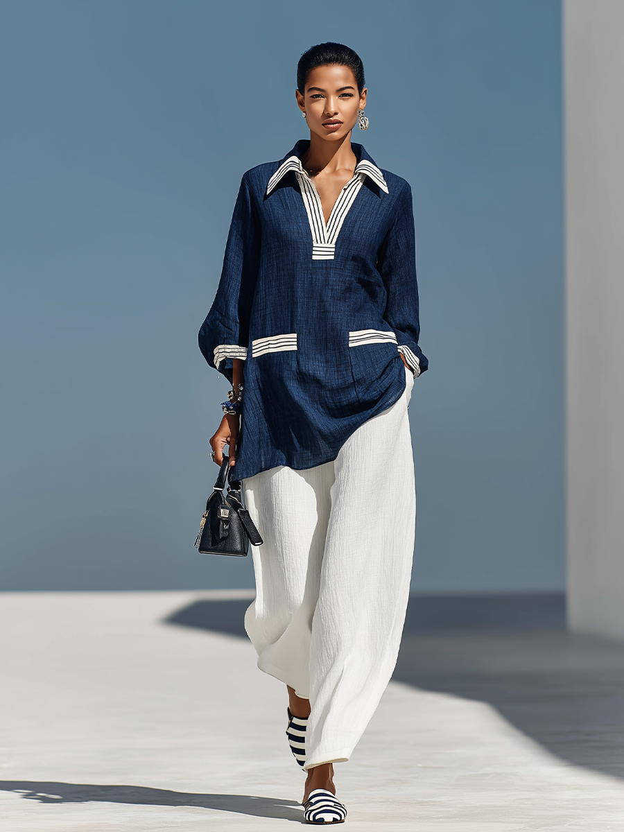 Women's Blue & White Textured Linen Matching Outfit With 3/4 Sleeve Striped Cuff Tunic & Elastic Waist Linen Pants, Contemporary Versatile Summer Outfit MDZ0897F9LYL