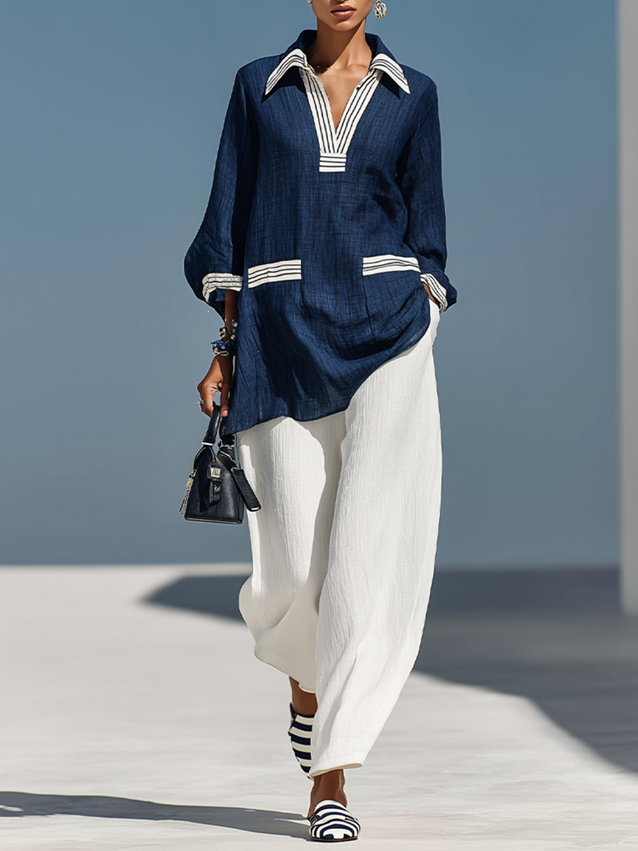 Women's Blue & White Textured Linen Matching Outfit With 3/4 Sleeve Striped Cuff Tunic & Elastic Waist Linen Pants, Contemporary Versatile Summer Outfit MDZ0897F9LYL