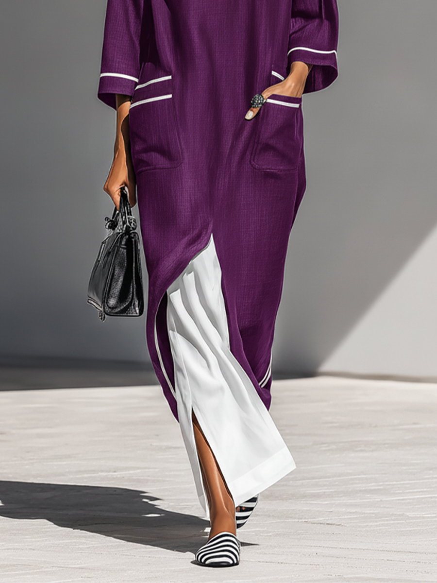 Women's Plum Textured Fabric Caftan Dress With 3/4 Sleeves & Multi Patch Pockets, Contemporary Versatile Resort Kaftan Dress MDZ0862F9LYL