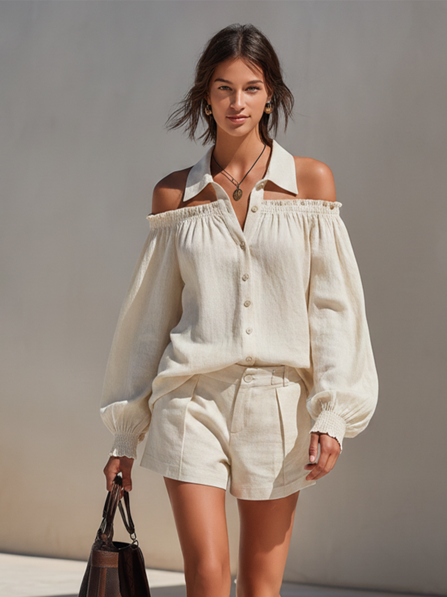 Women's Cream Linen Co-Ord With Cut-Out Collar Off Shoulder Blouse & Pleated Linen Shorts, Modern Effortless-Chic Daily Outfit MDZ0867F6LYL