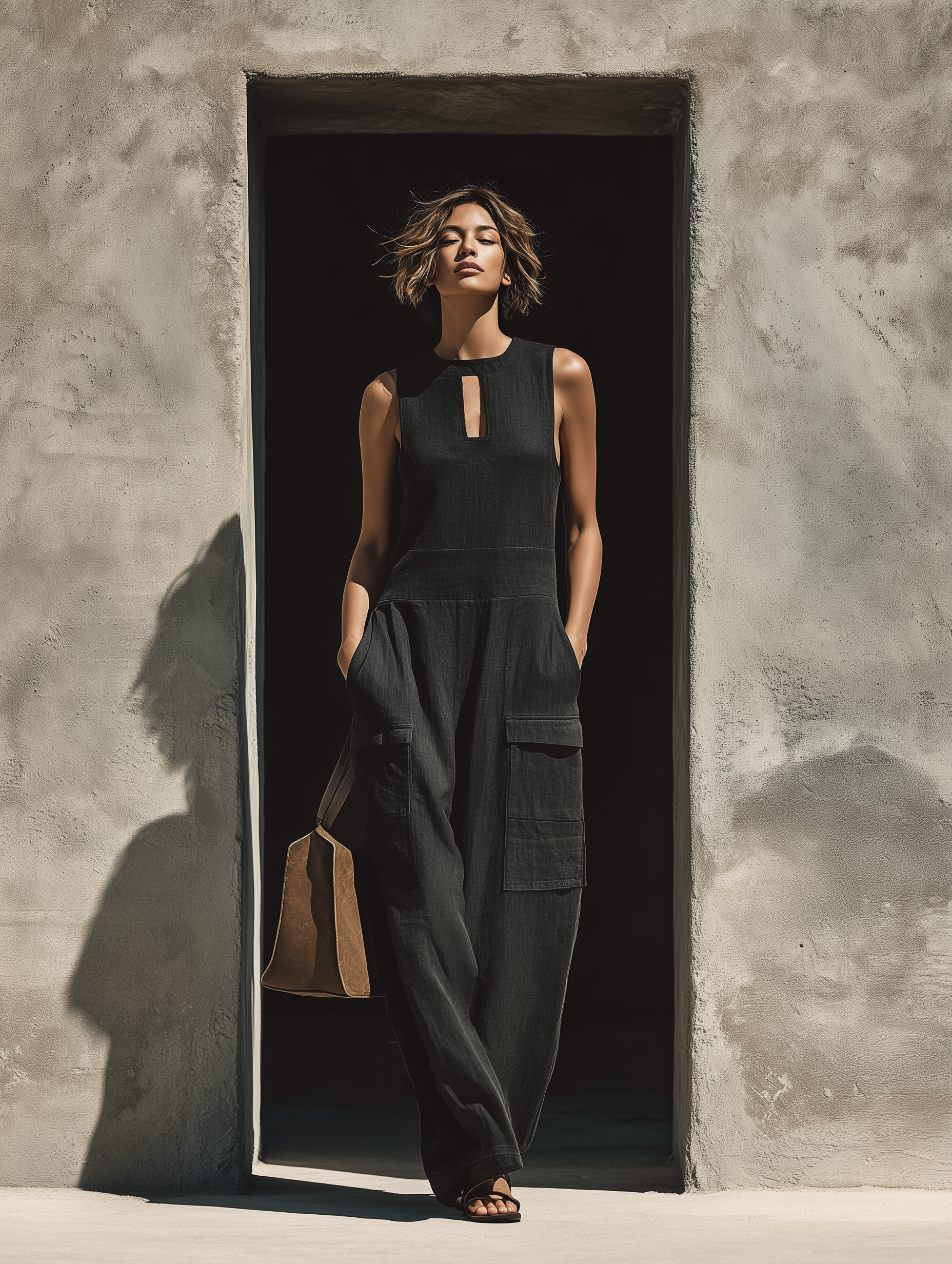 Women’s Black Linen-Blend Sleeveless Keyhole Neck High Waist Cargo Pocket Wide Leg Jumpsuit MDZ0896F2T