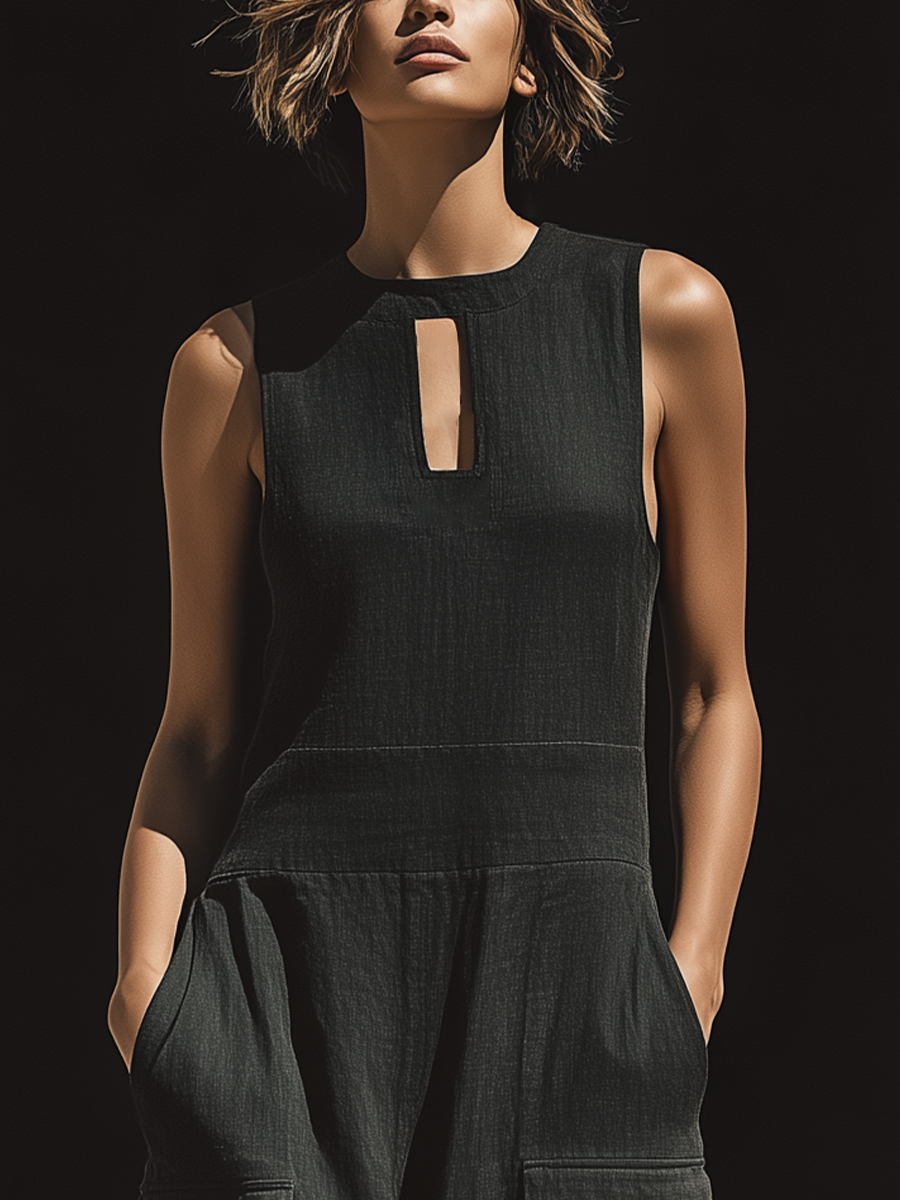 Women’s Black Linen-Blend Sleeveless Keyhole Neck High Waist Cargo Pocket Wide Leg Jumpsuit MDZ0896F2T