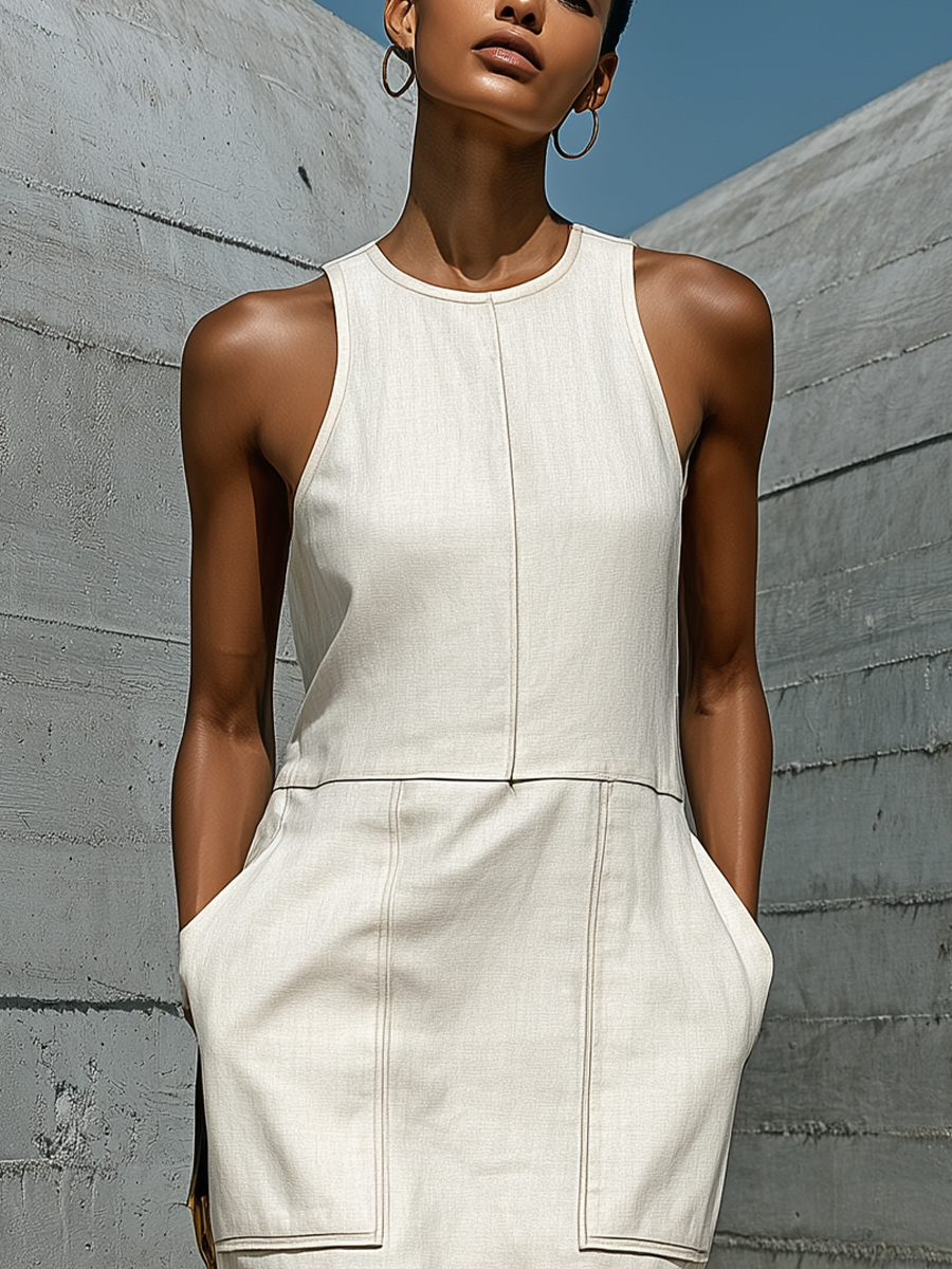 Women’s Minimalist Beige Linen Sleeveless Sheath Maxi Dress With Front Stitching & Side Pockets MDZ0863F1T