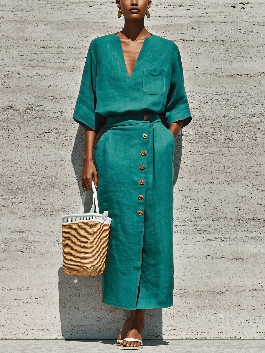 Women’s Teal Linen Split Neck 3/4 Sleeve Pocket Blouse & High Waist Wrap Front Button Midi Skirt Two-Piece Set MDZ0834F9T