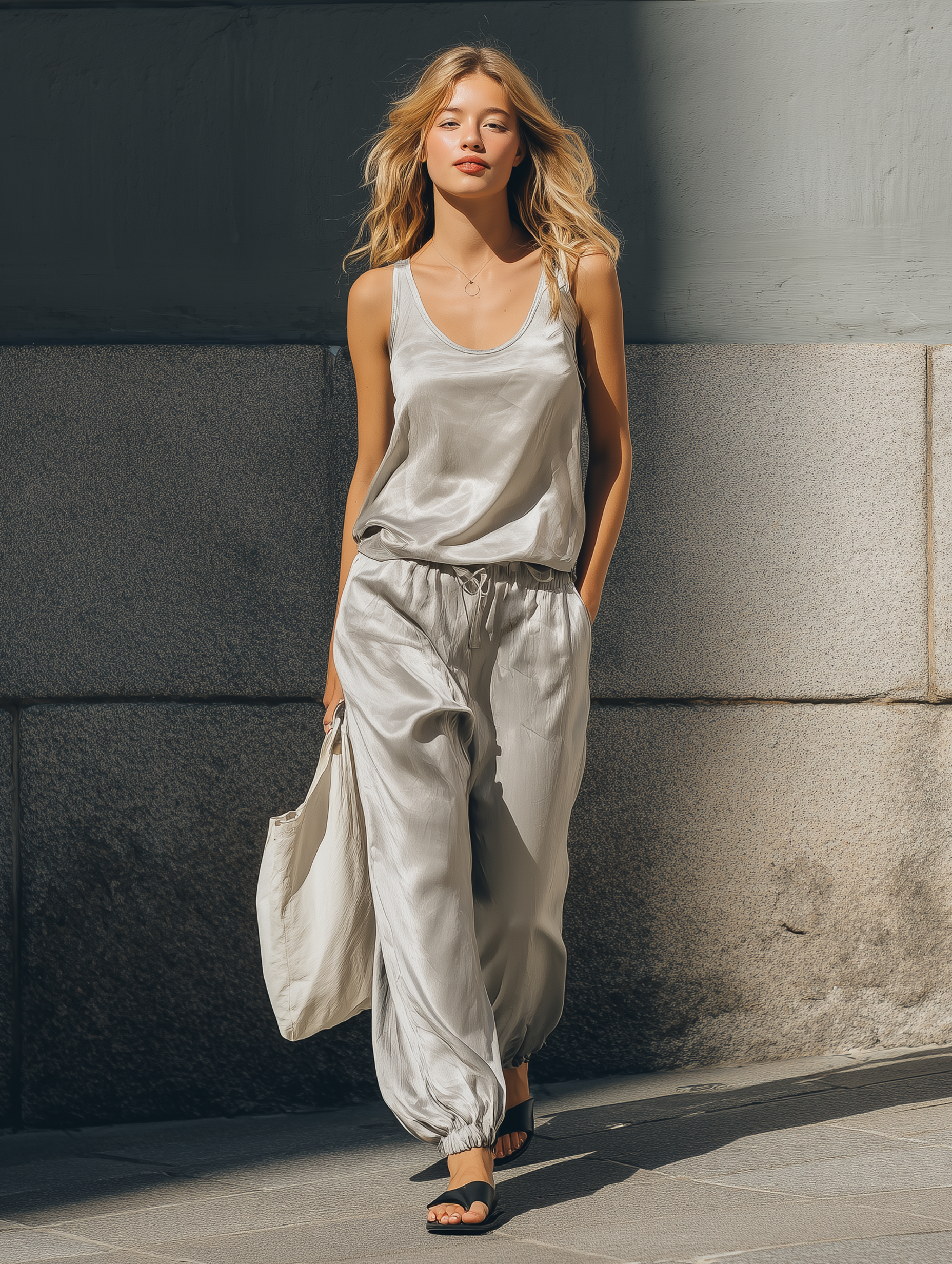 Women's Casual Grey Satin Sleeveless Round-neck Top And Matching Lantern Pants Set. MDZ0880F4LXY