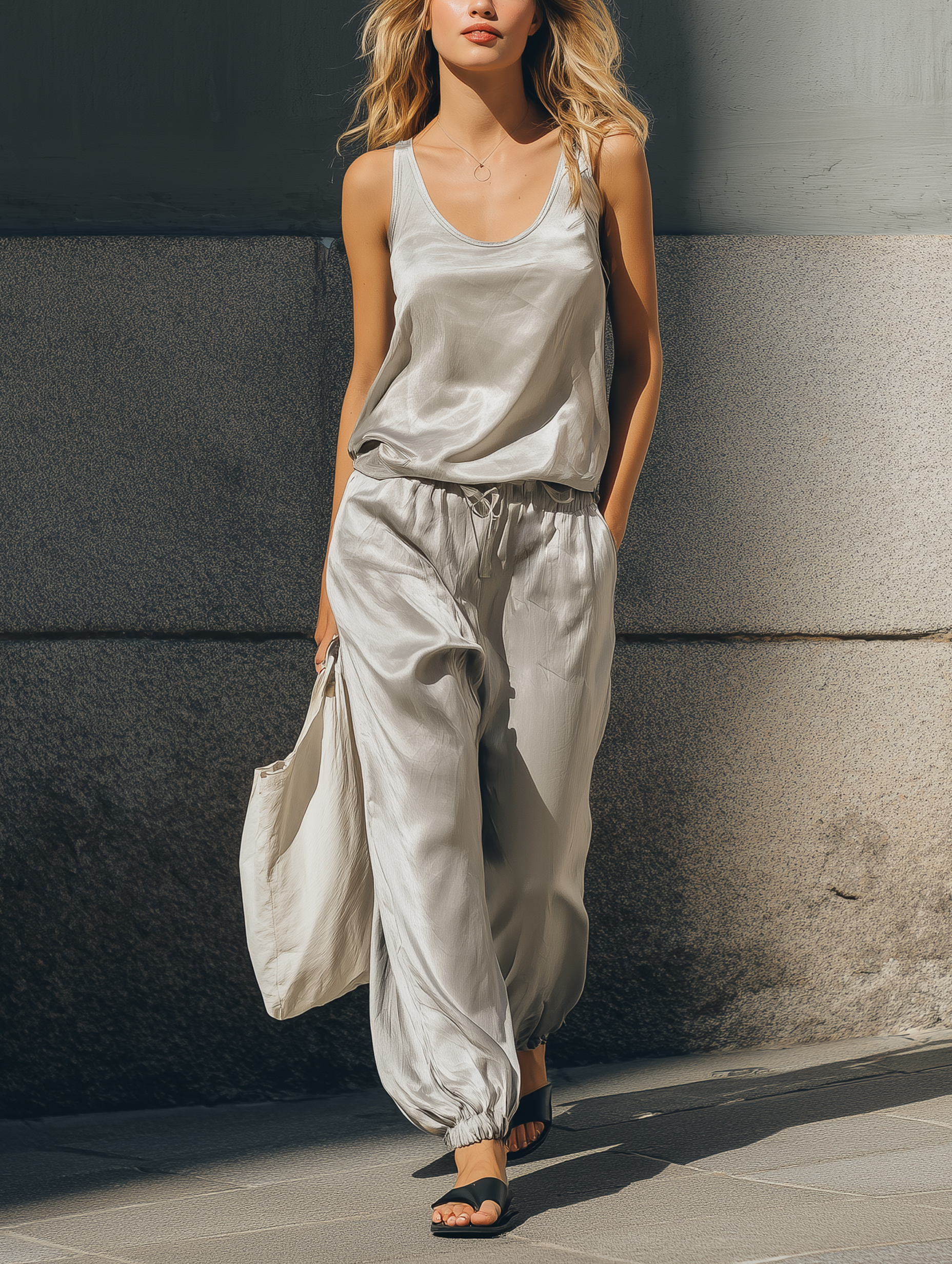 Women's Casual Grey Satin Sleeveless Round-neck Top And Matching Lantern Pants Set. MDZ0880F4LXY