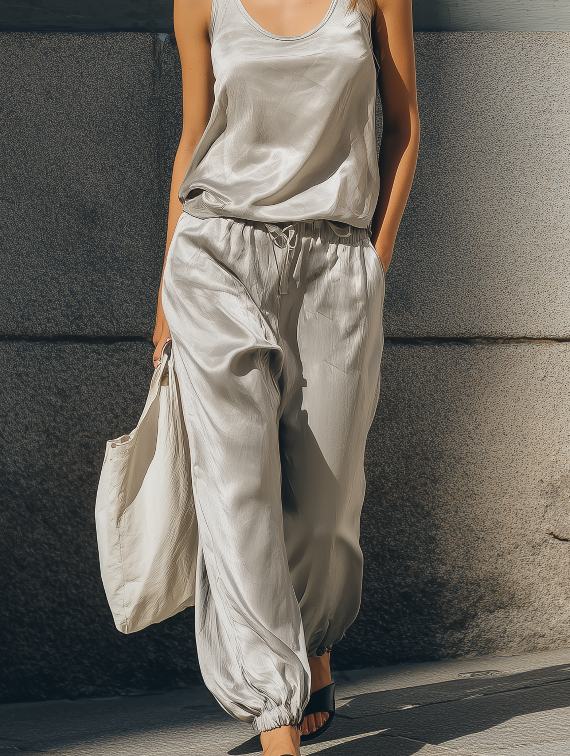 Women's Casual Grey Satin Sleeveless Round-neck Top And Matching Lantern Pants Set. MDZ0880F4LXY